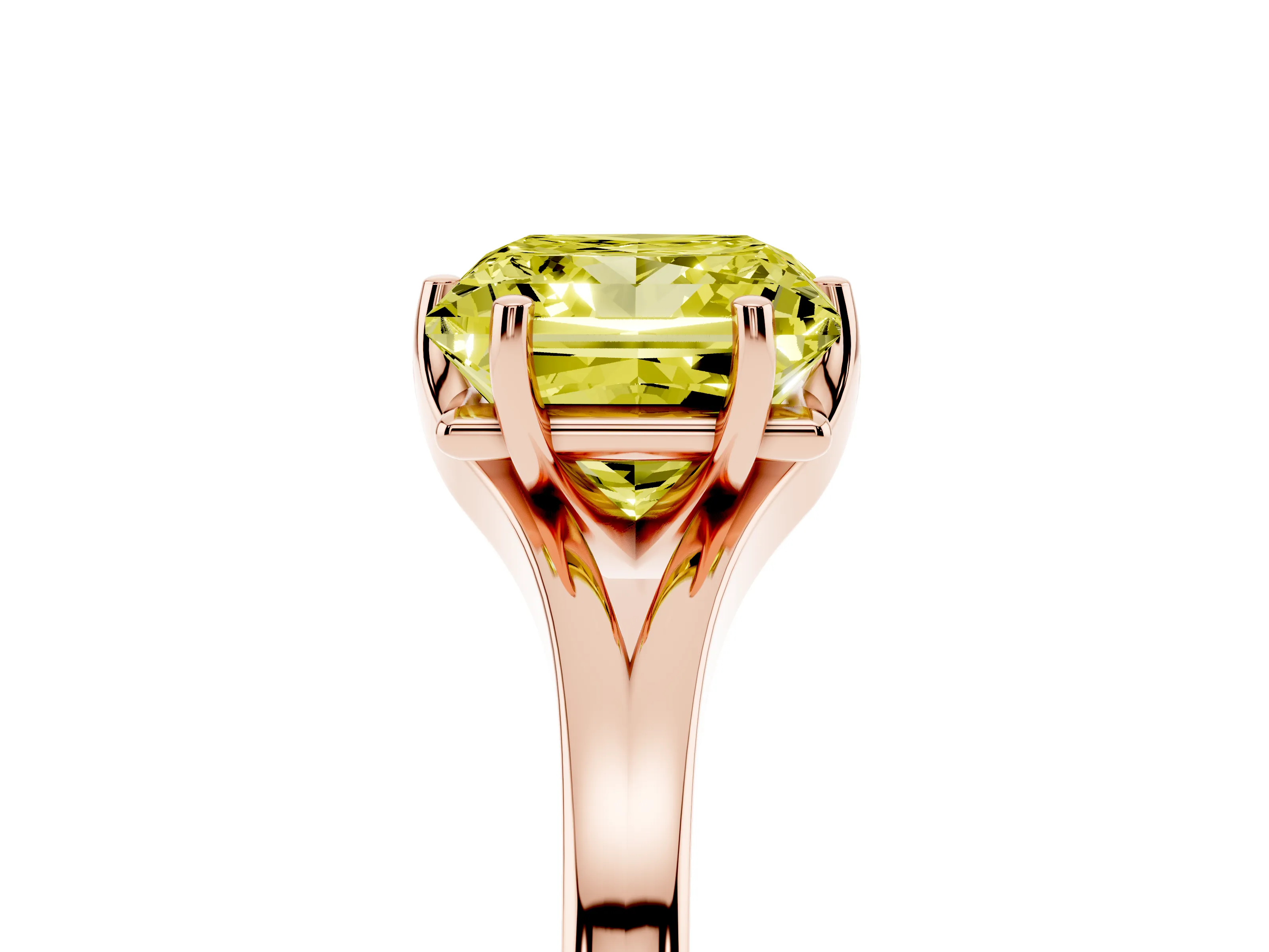 Fancy Yellow Princess Cut Diamond Solitaire Ring Set in Rose gold with Polished Tapered Band and Prong Setting