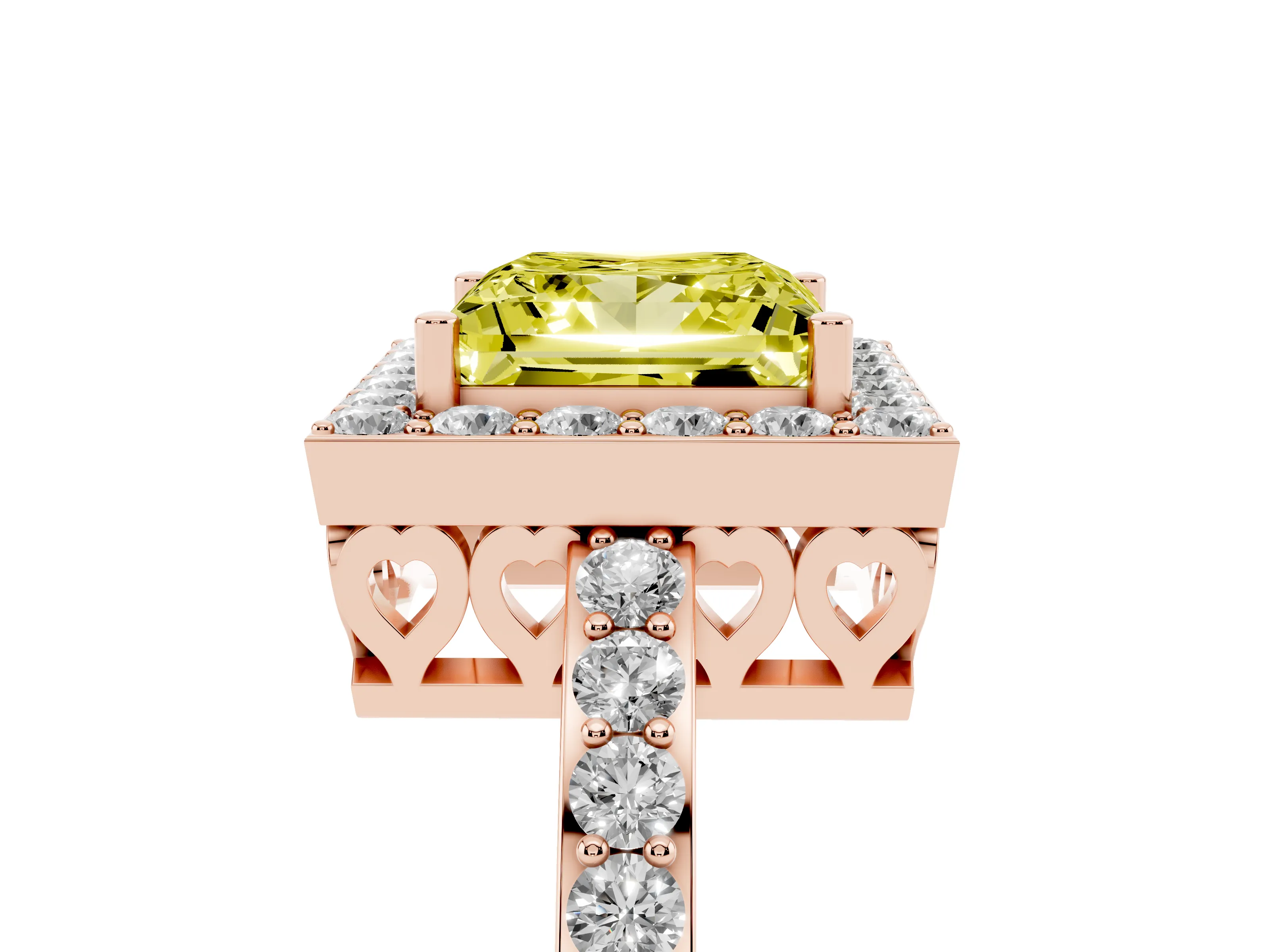 Fancy Yellow Princess Cut Diamond Halo Ring Set in Rose gold with Pavé-Setting Band and Open Prong Center