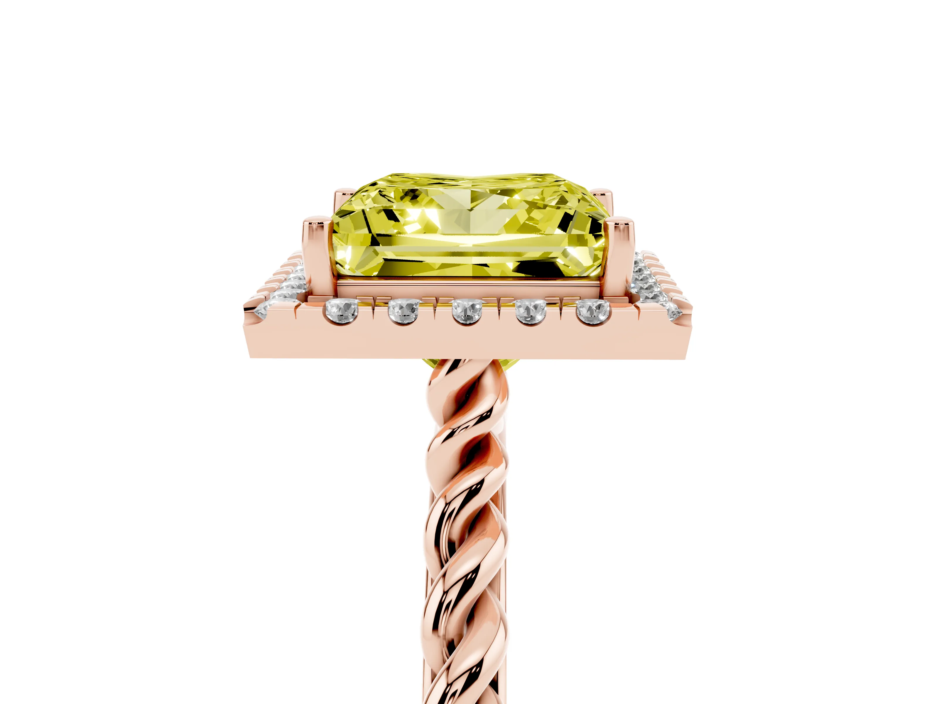 Fancy Yellow Princess Cut Diamond Halo Ring Set in Rose gold with Plain Twisted Band