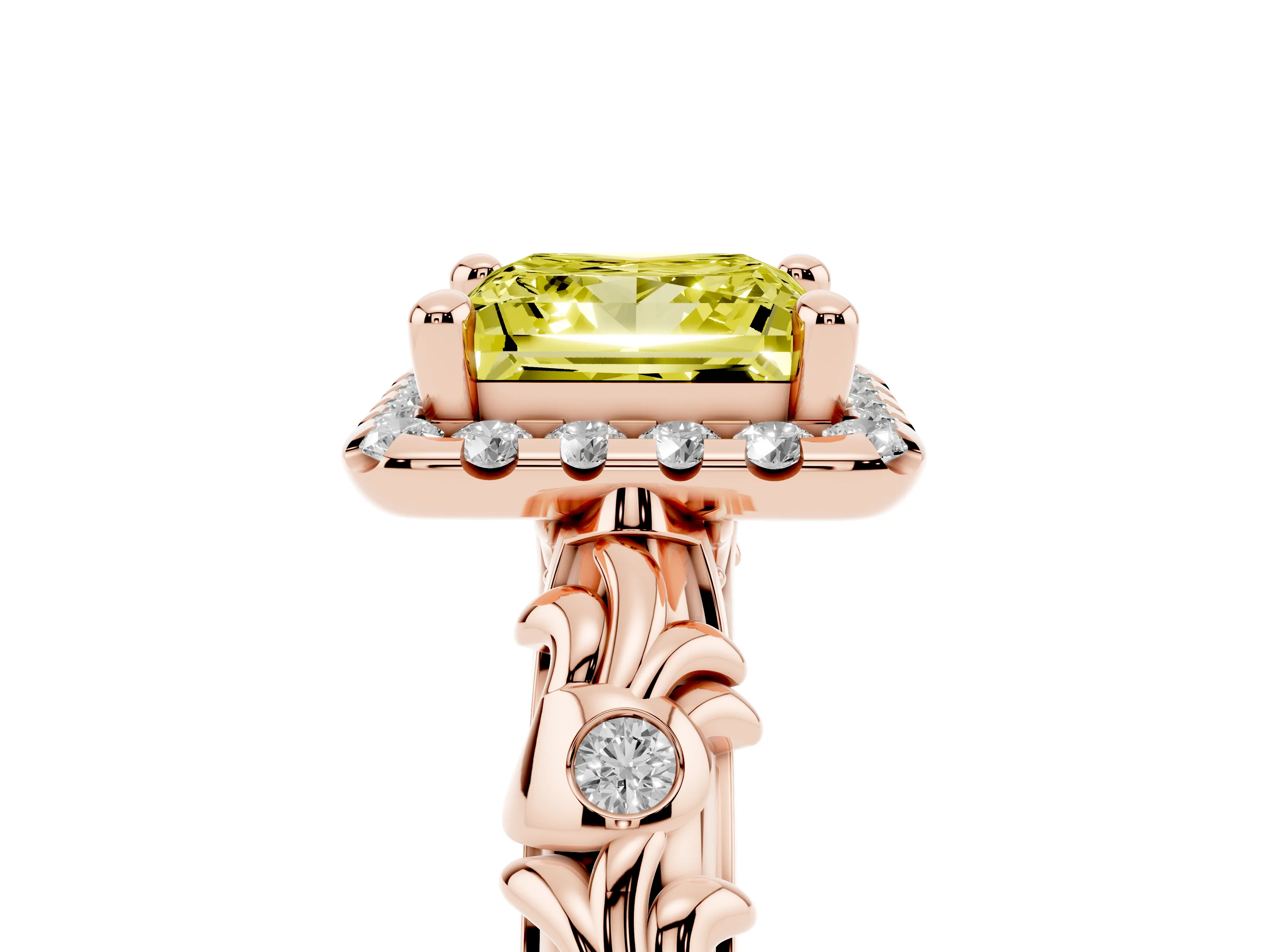 Fancy Yellow Princess Cut Diamond Halo Ring Set in Rose gold with Filigree Leaf Band and Prong Setting