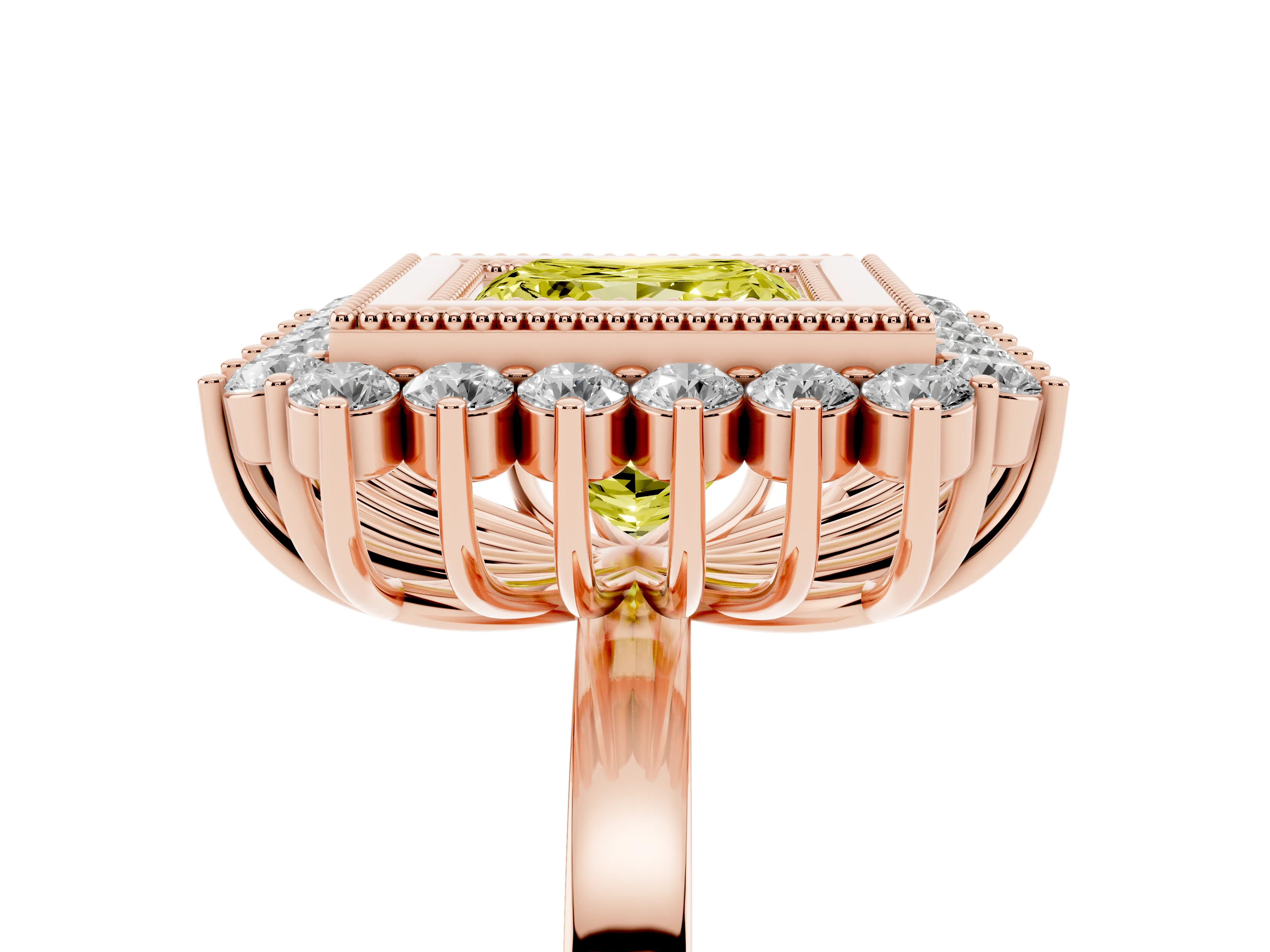 Fancy Yellow Princess Cut Diamond Halo Ring Set in Rose gold with Milgrain Edge and Round Prong Setting