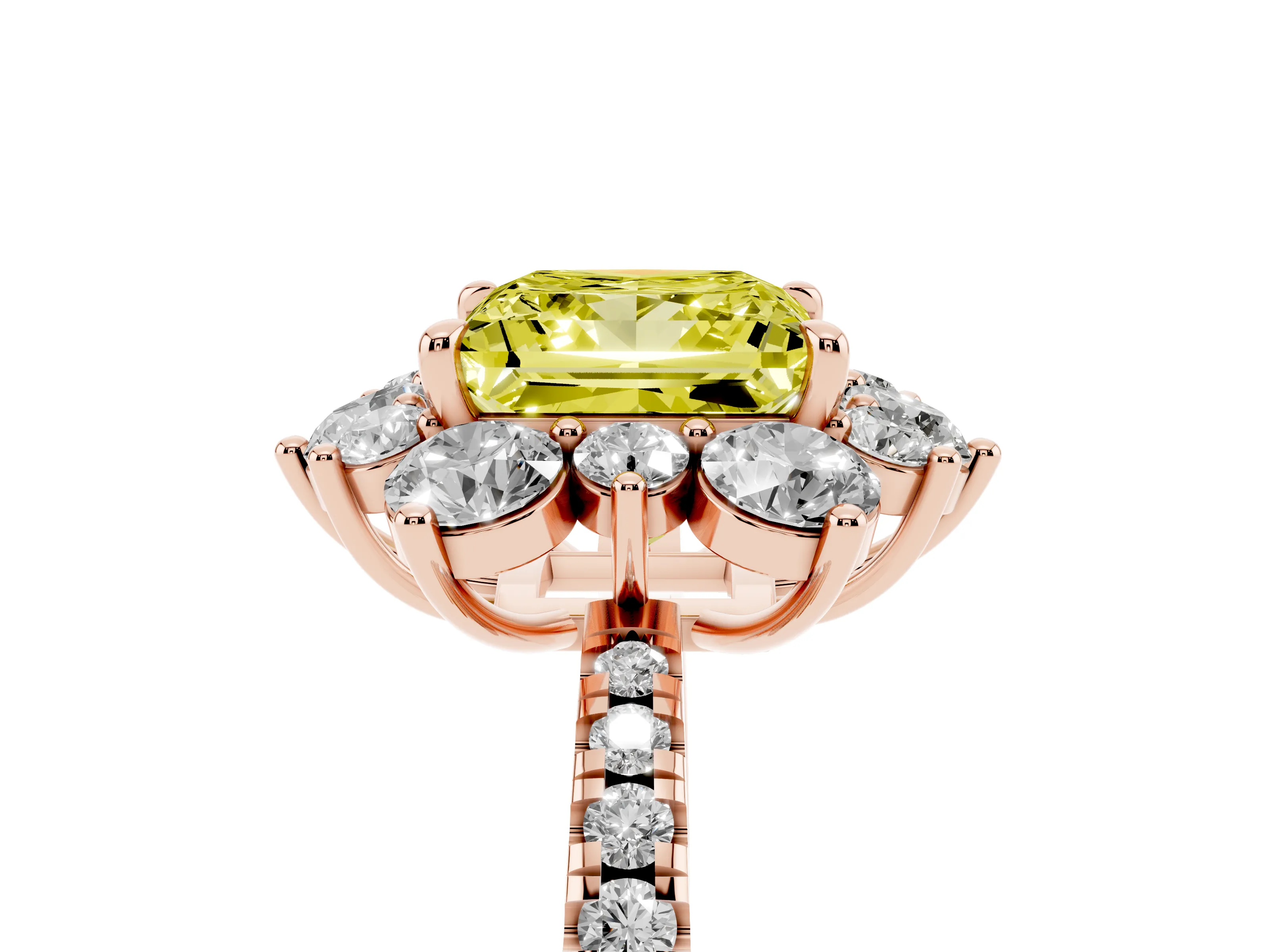 Fancy Yellow Princess Cut Diamond Floral Halo Ring Set in Rose gold with Round Pavé Band and Prong Setting