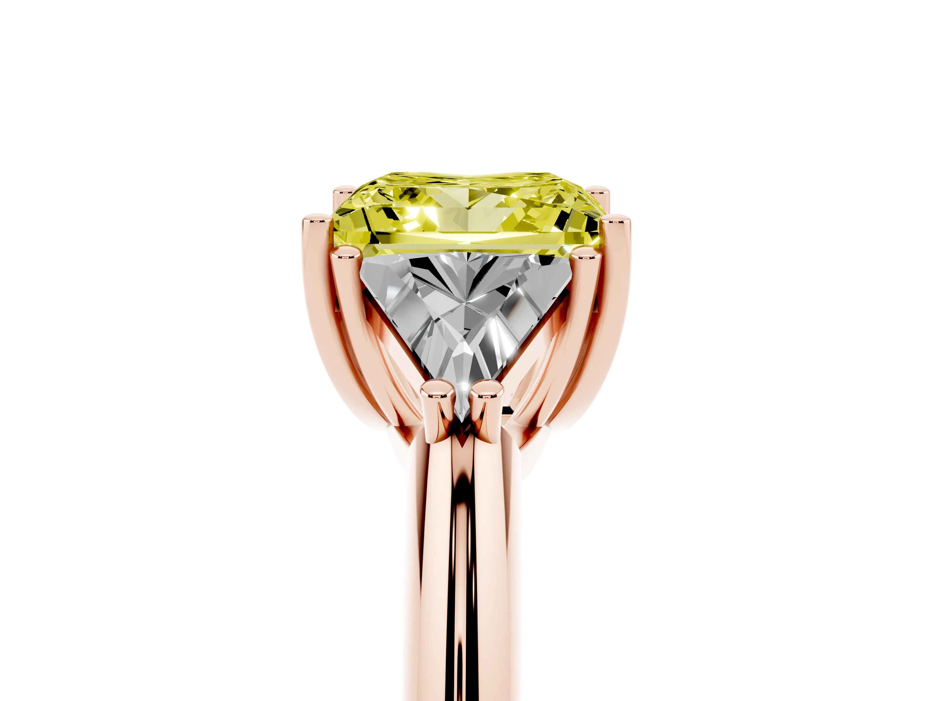 Fancy Yellow Princess Cut Diamond Three-Stone Engagement Ring Set in Rose gold with Trillion Side Stones