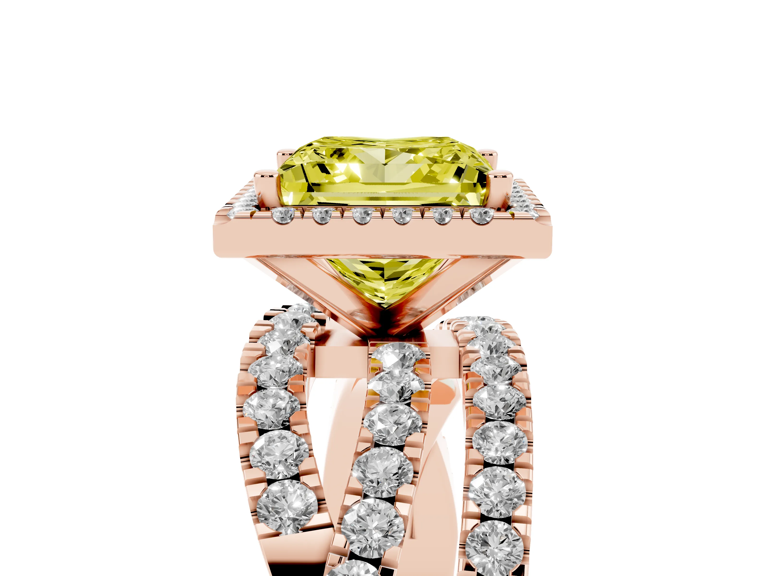Fancy Yellow Princess Cut Diamond Halo Ring Set in Rose gold with Round Crossover Split Shank and Prong Setting