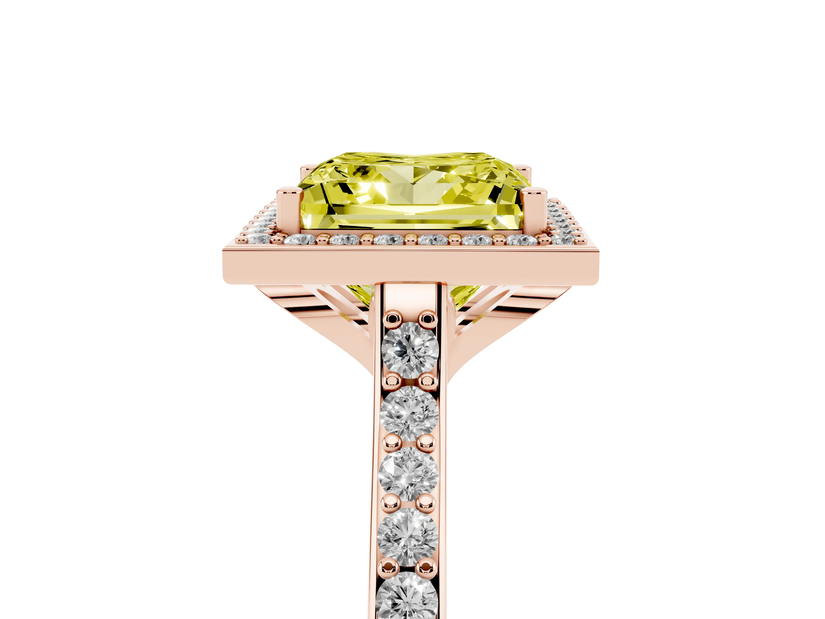 Fancy Yellow Princess Cut Diamond Halo Engagement Ring Set in Rose gold with Round Pavé Shoulders and Heart Gallery