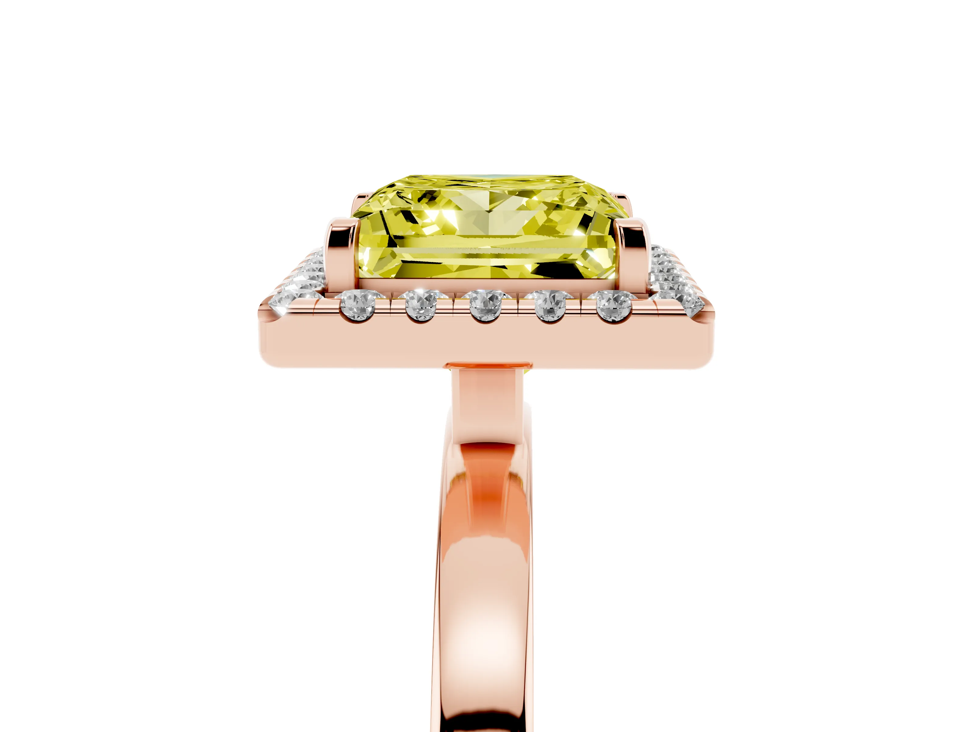Fancy Yellow Princess Cut Diamond Halo Solitaire Ring Set in Rose gold with Pavé Band and Prong Setting