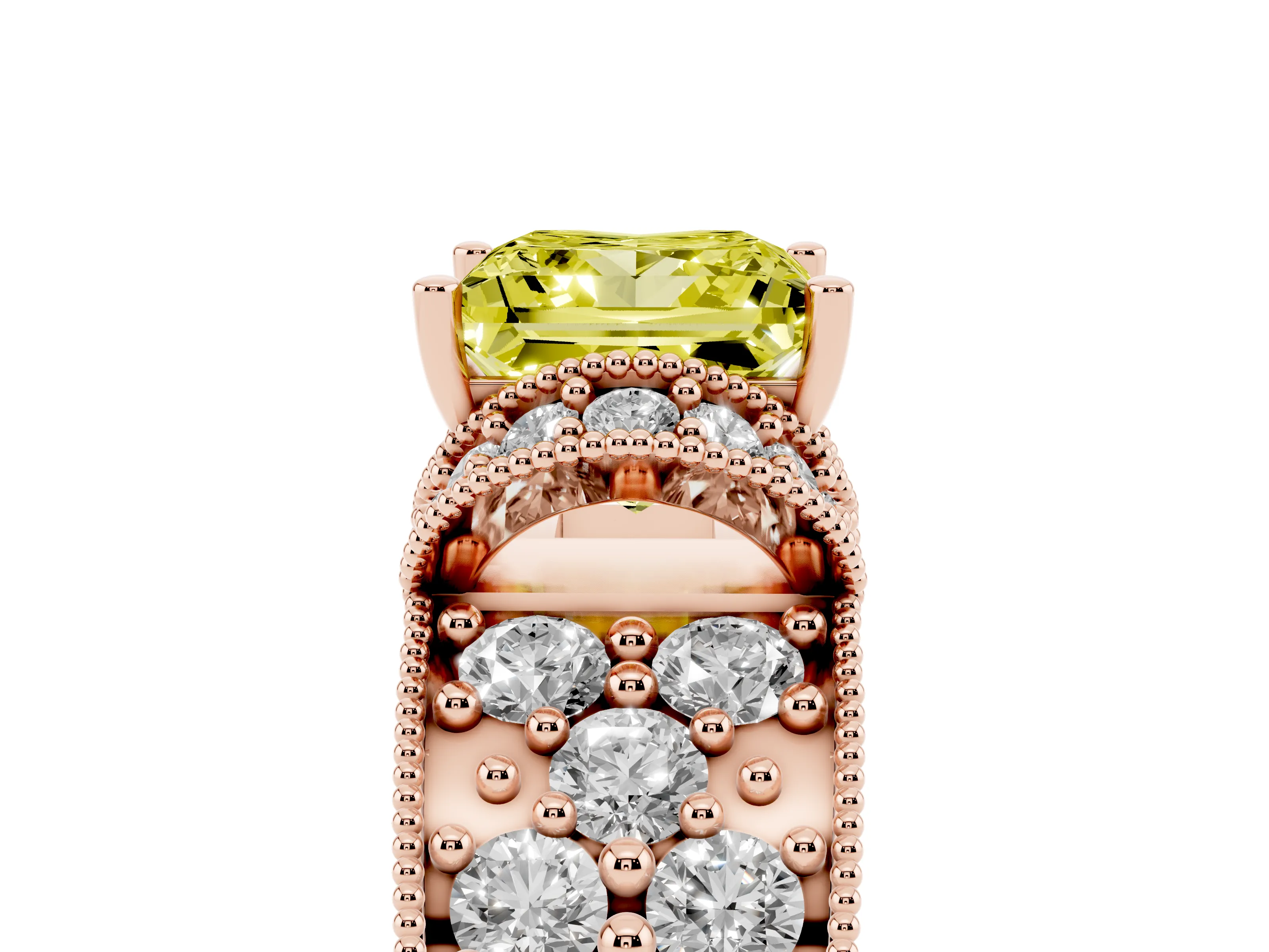 Fancy Yellow Princess Cut Diamond Milgrain Halo Pavé Engagement Ring Set in Rose gold with Prong Setting