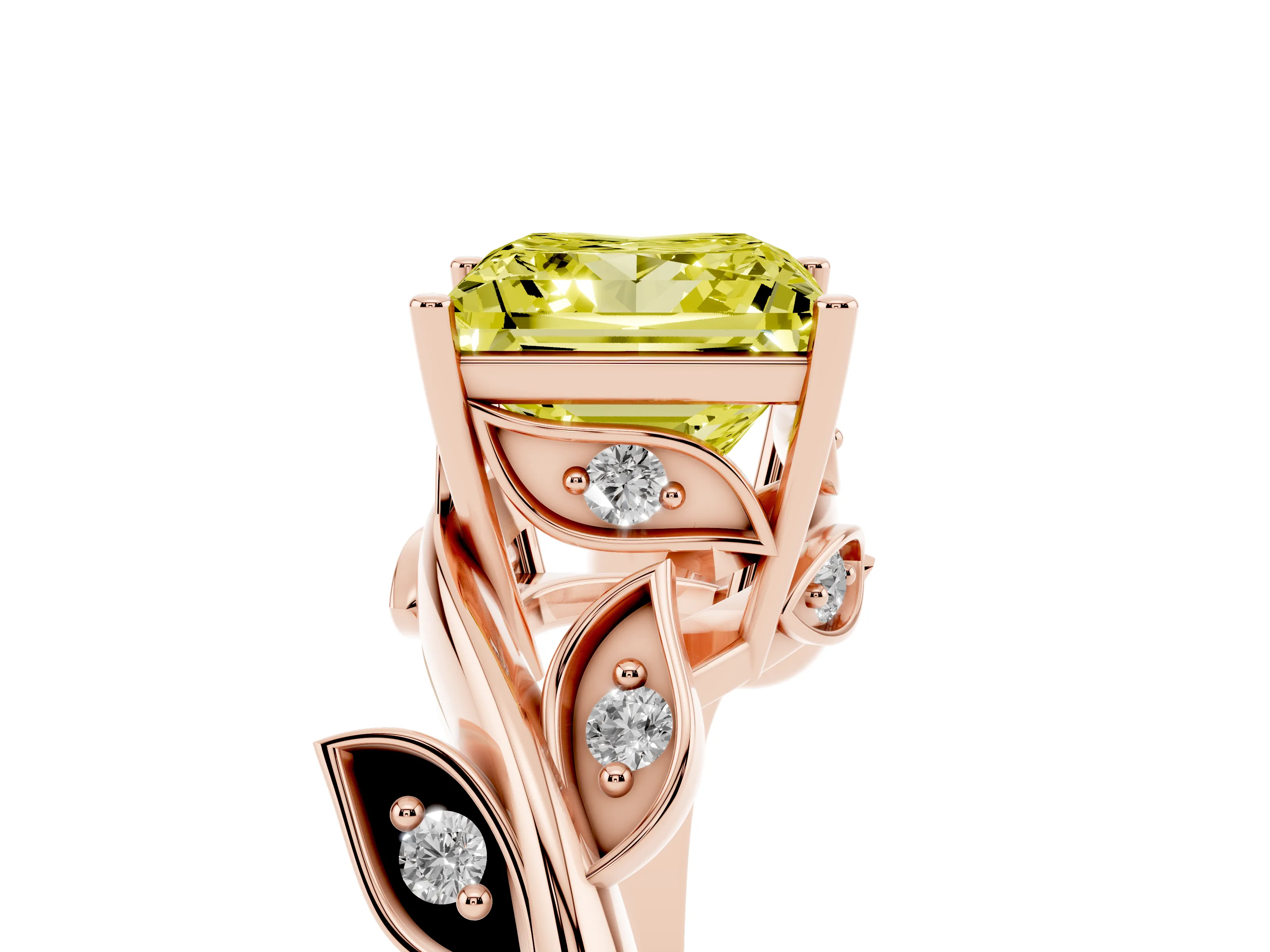 Fancy Yellow Princess Cut Diamond Solitaire Twist Engagement Ring Set in Rose gold with Pavé Leaf Accents