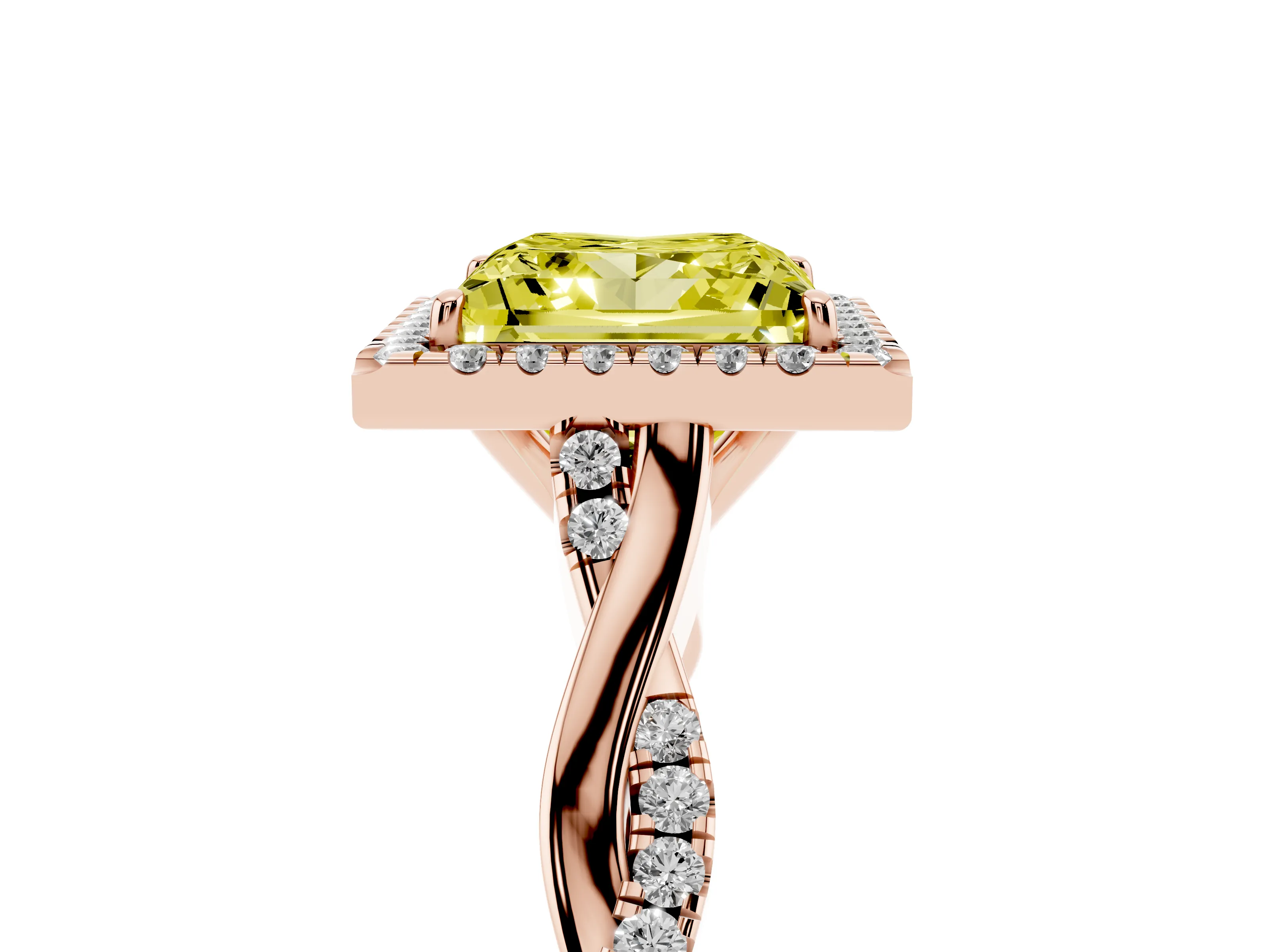 Fancy Yellow Princess Cut Diamond Halo Twist Band Solitaire Ring Set in Rose gold with Prong Setting