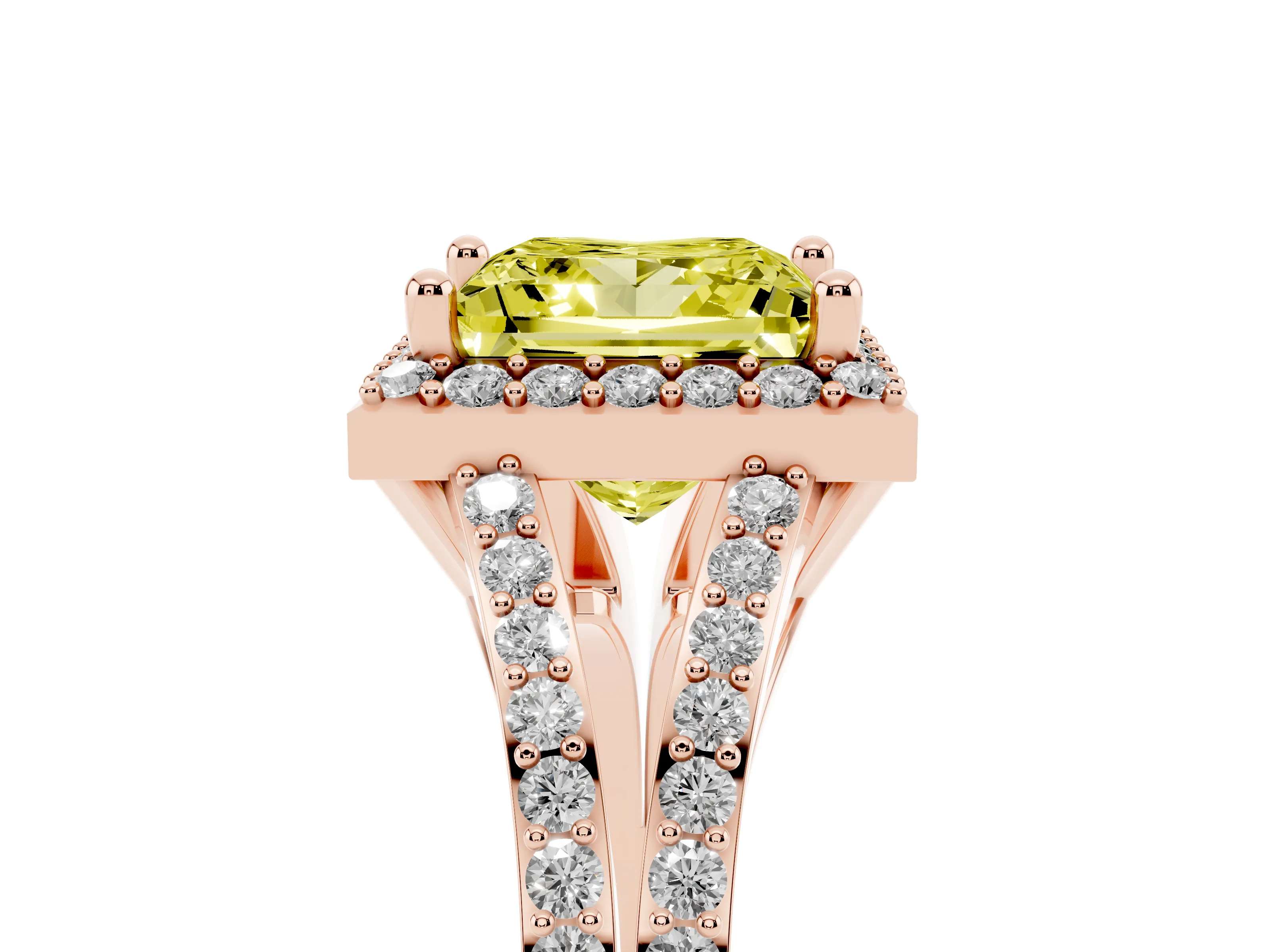 Fancy Yellow Princess Cut Diamond Halo Split Shank Pavé Ring Set in Rose gold with Prong Setting