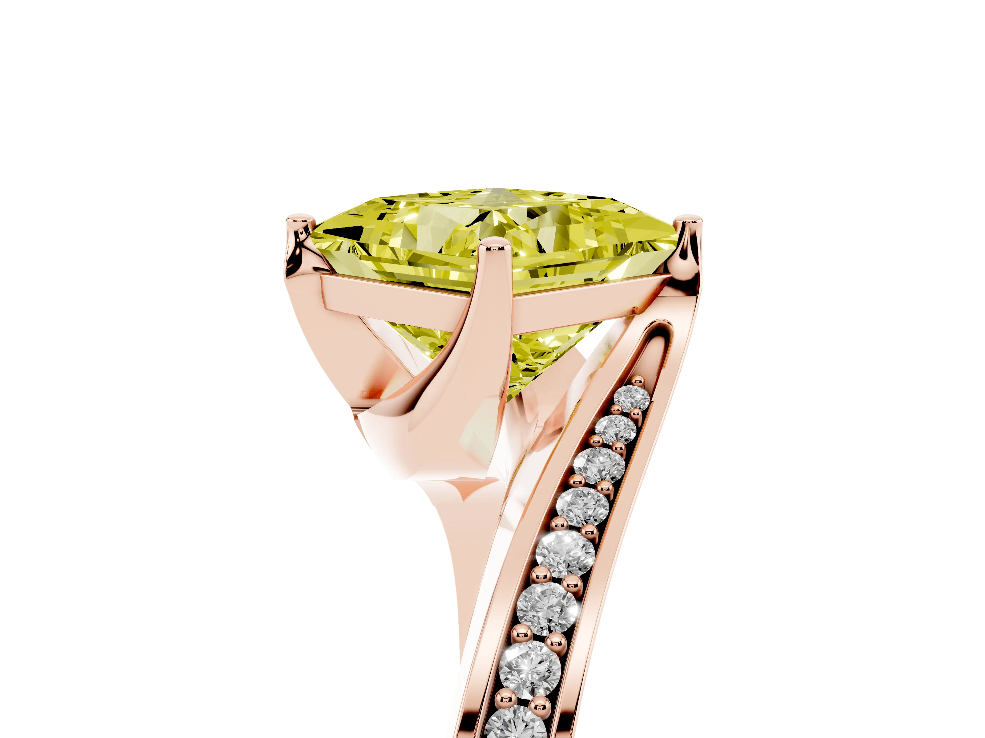 Fancy Yellow Princess Cut Diamond Solitaire Ring Set in Rose gold with Intertwined Pavé Twist Band