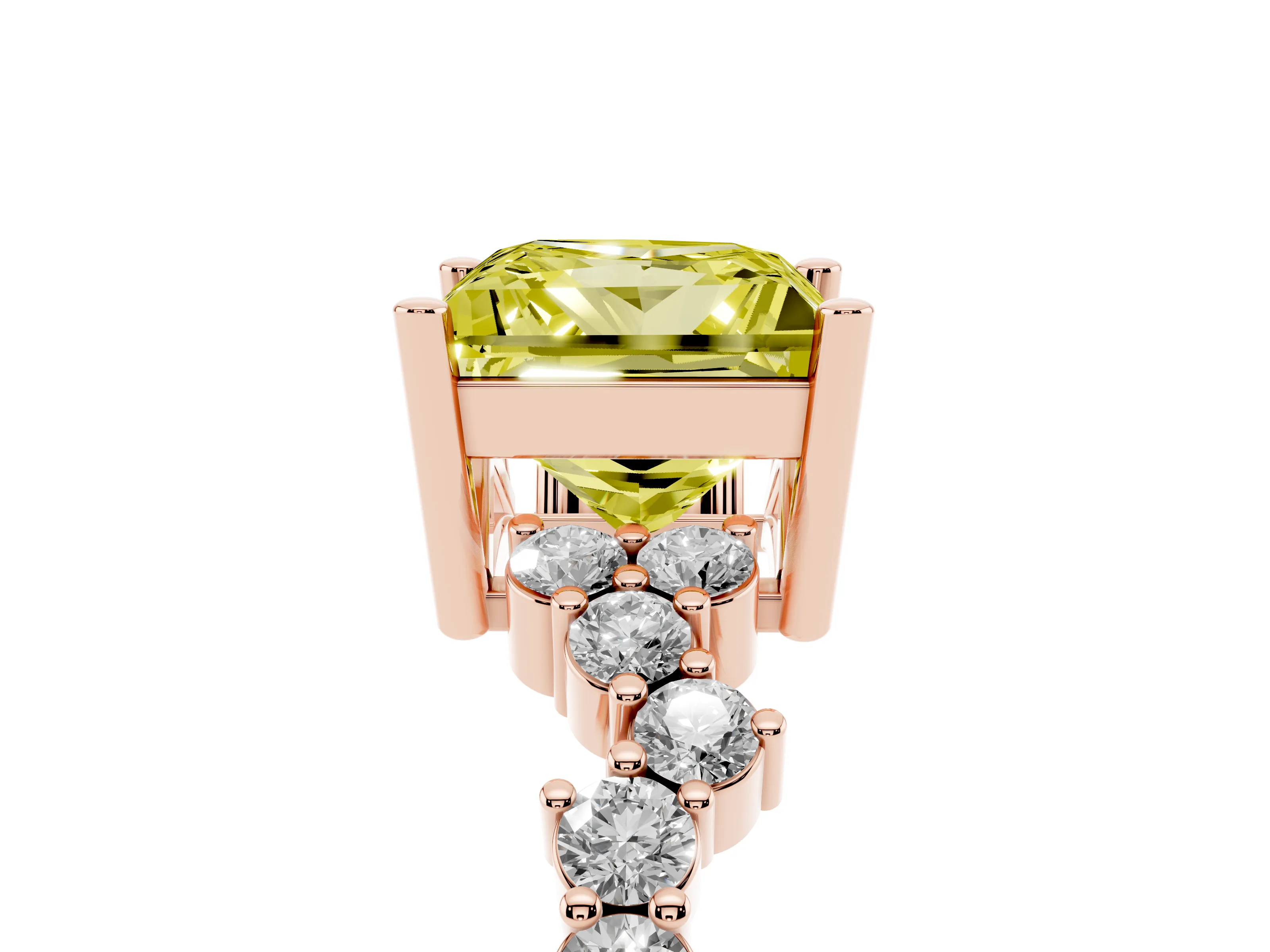 Fancy Yellow Princess Cut Diamond Ring Set in Rose gold with Scattered Round Accents