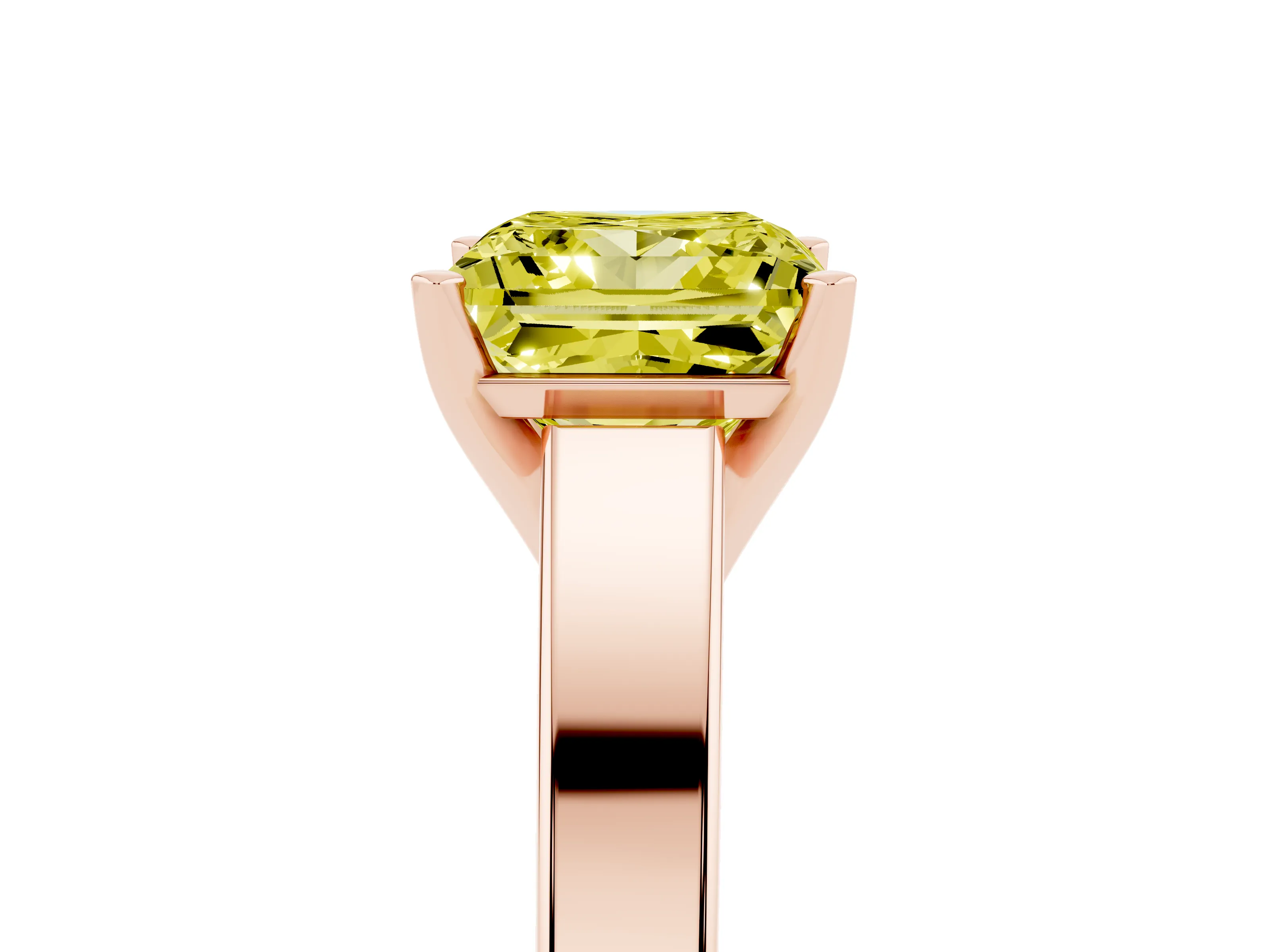 Fancy Yellow Princess Cut Diamond Solitaire Engagement Ring Set in Rose gold with Prong Setting and Tapered Band