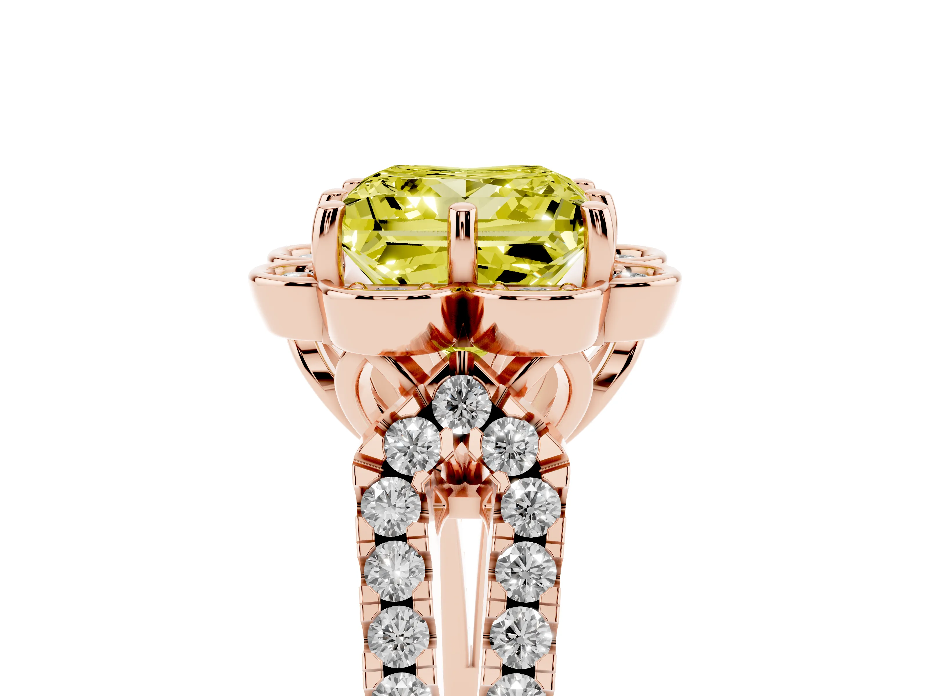 Fancy Yellow Princess Cut Diamond Floral Halo Split Shank Engagement Ring Set in Rose gold with Pavé Shank