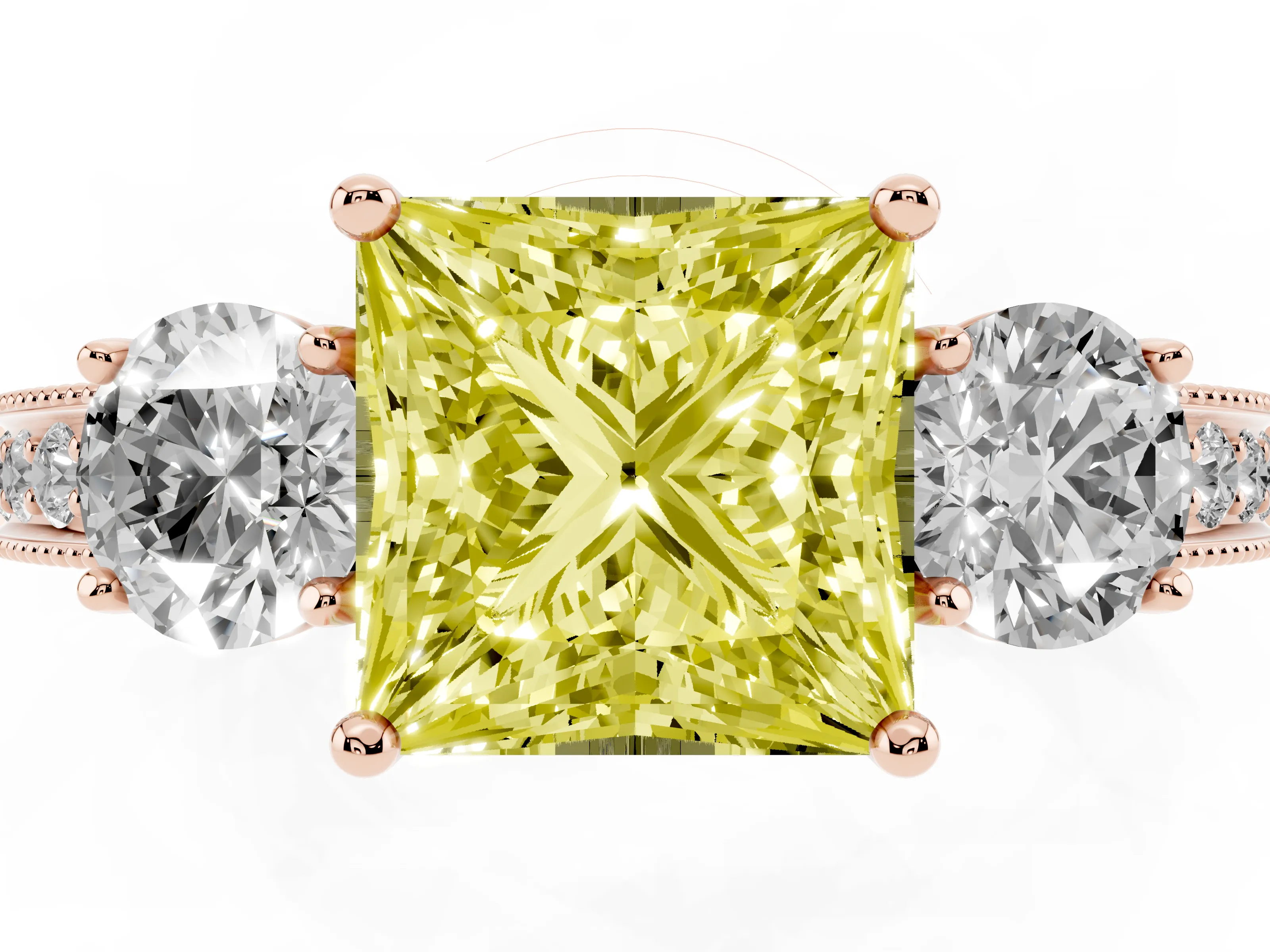 Fancy Yellow Princess Cut Diamond Three-Stone Ring Set in Rose gold with Round Side Stones and Pavé Band
