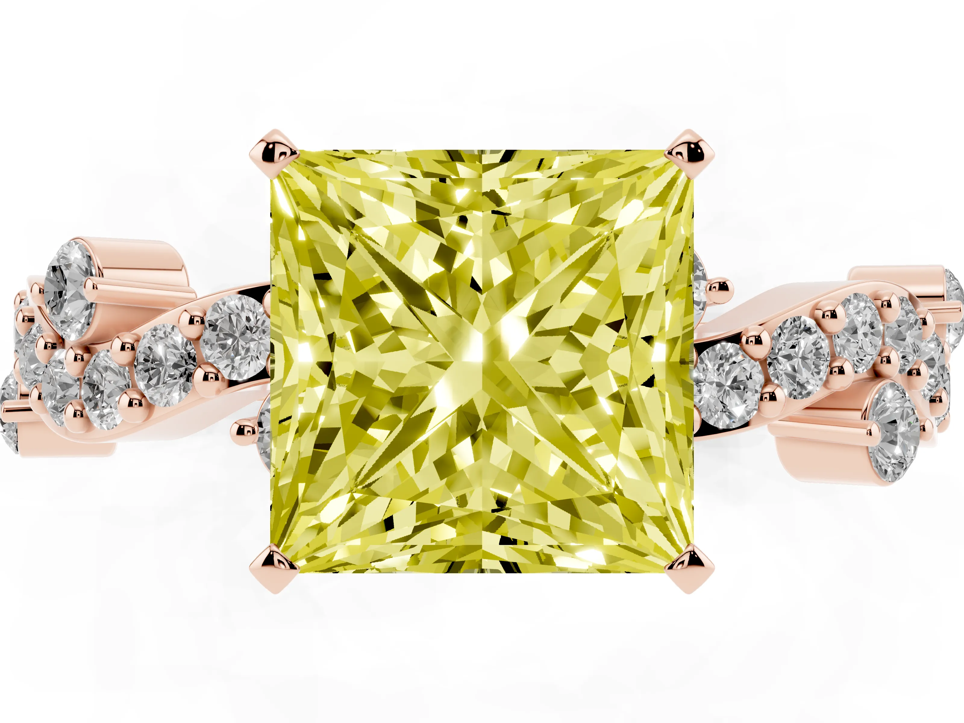 Fancy Yellow Princess Cut Diamond Solitaire Twisted Band Set in Rose gold with Pavé Setting