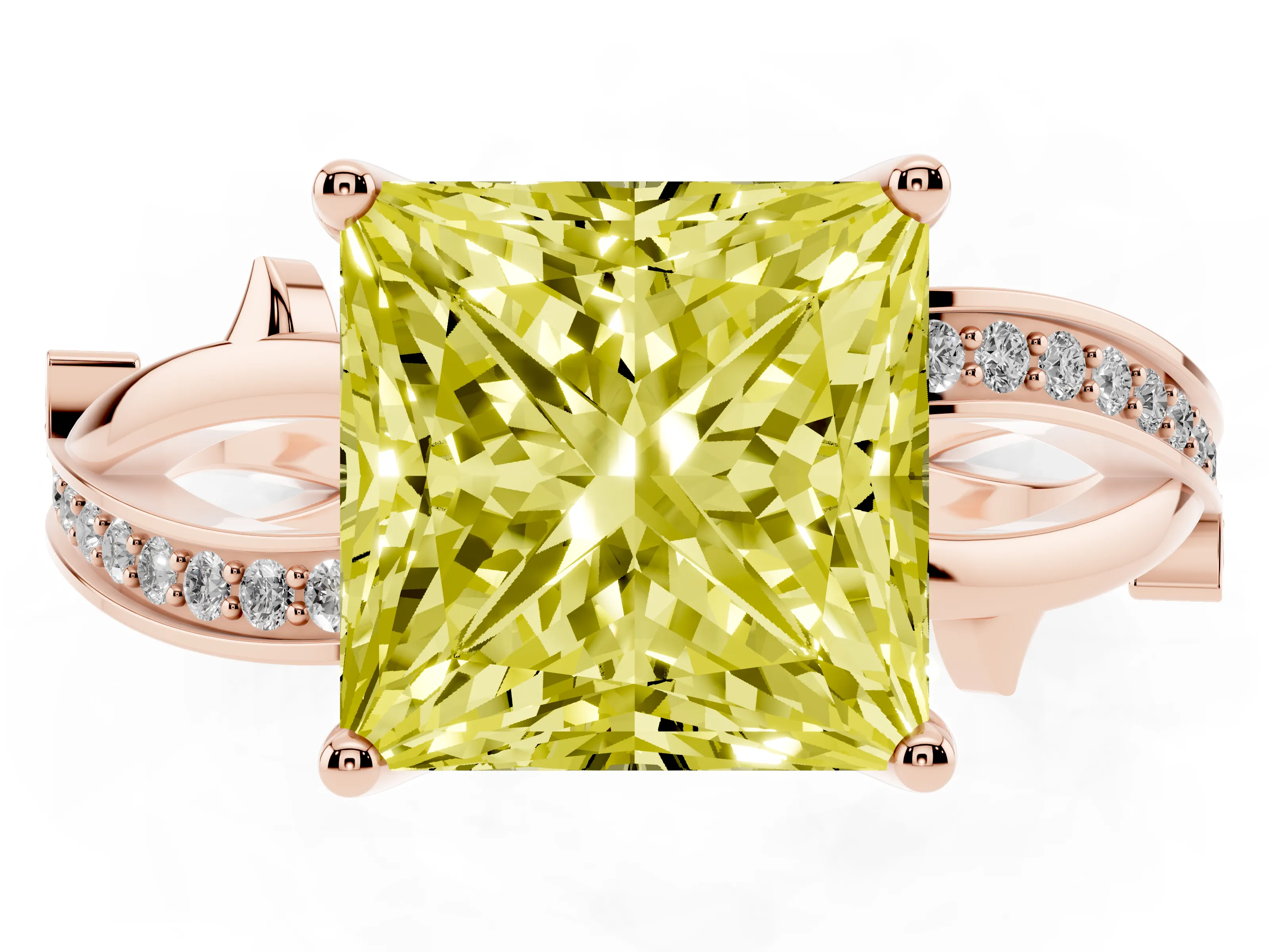 Fancy Yellow Princess Cut Diamond Pavé Twist Band Solitaire Ring Set in Rose gold with Prong Setting