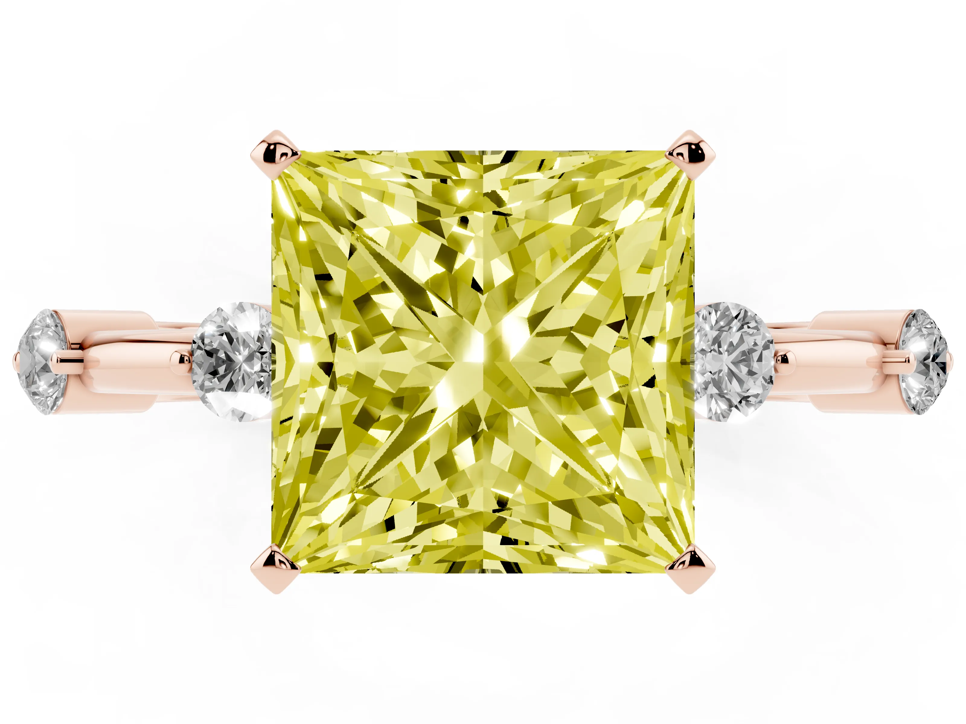 Fancy Yellow Princess Cut Diamond Solitaire Ring Set in Rose gold with Bezel Set Side Stones and Prong Setting