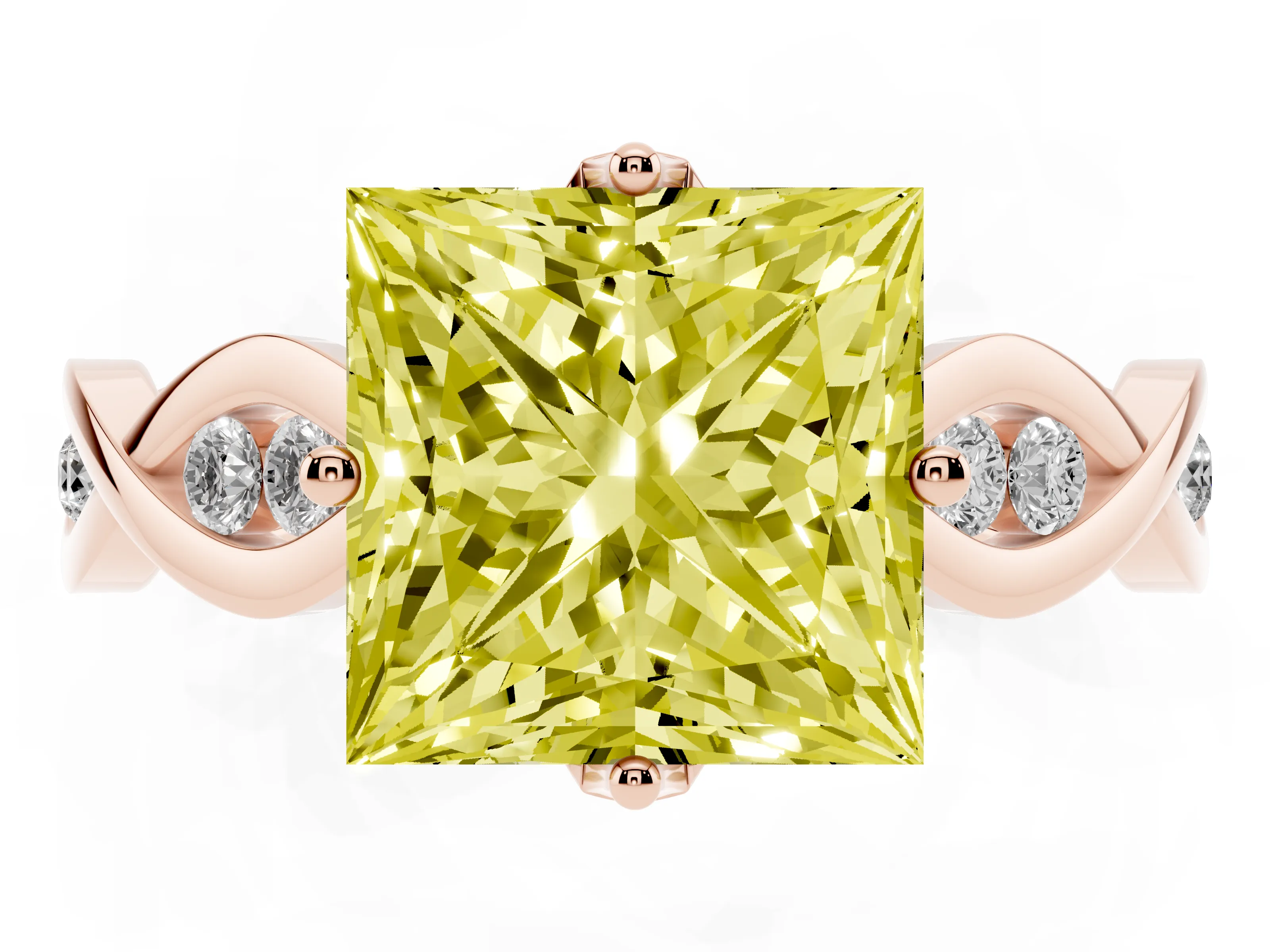 Fancy Yellow Princess Cut Diamond Twist Band Solitaire Ring Set in Rose gold with Leaf Prong Setting and Accent Stones