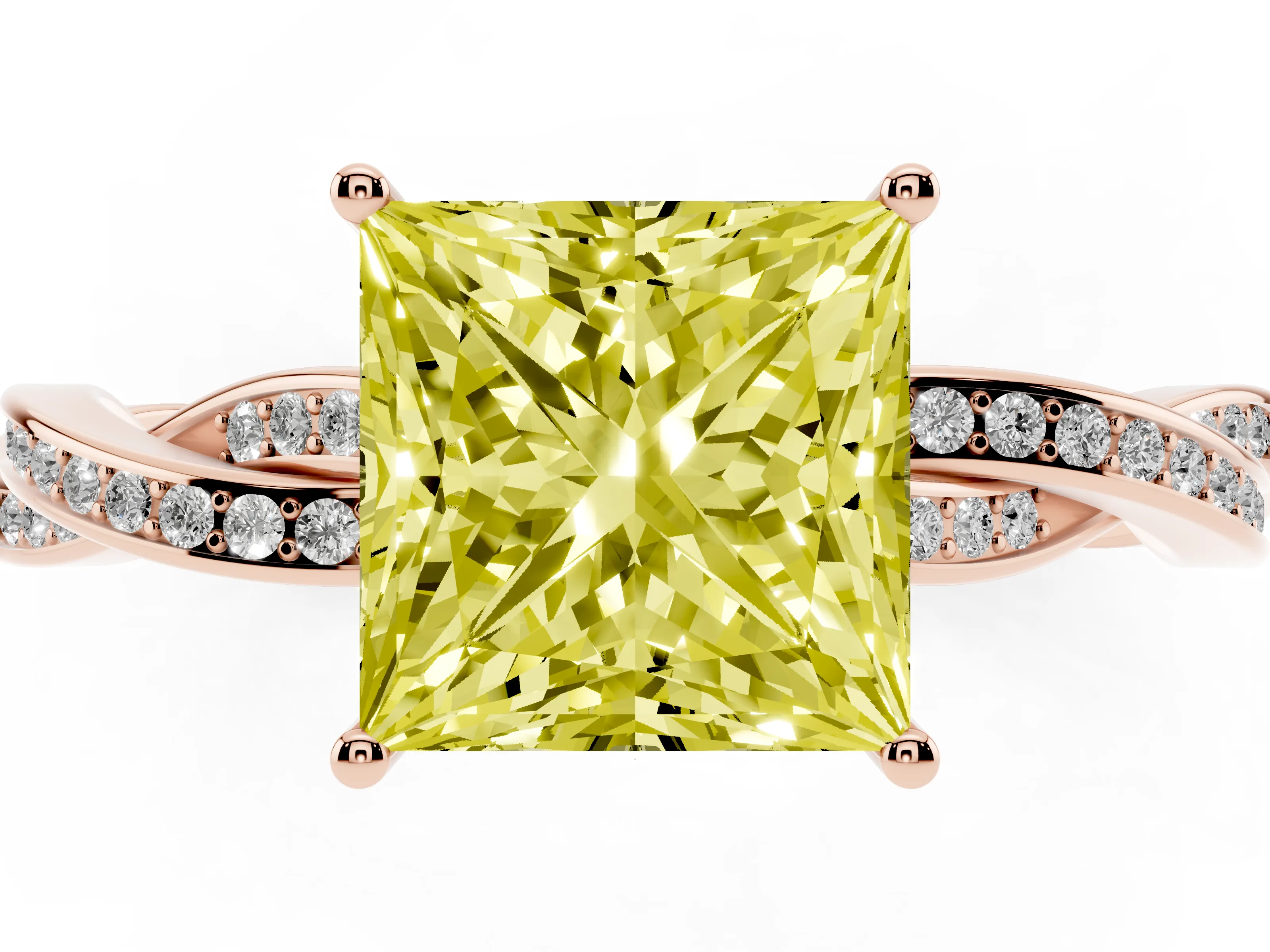Fancy Yellow Princess Cut Diamond Solitaire Twisted Pavé Ring Set in Rose gold with Prong Setting