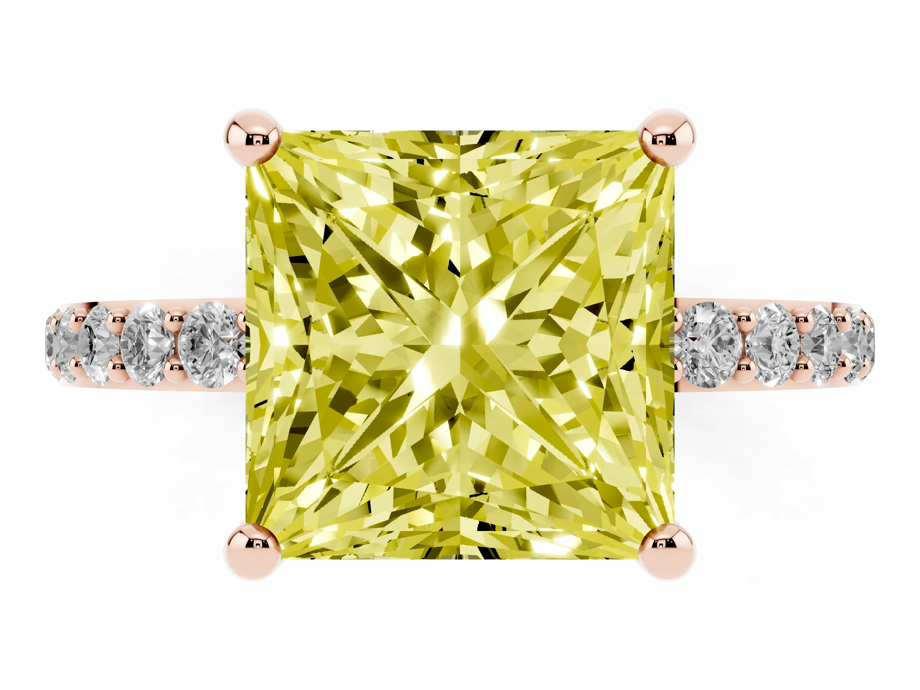 Fancy Yellow Princess Cut Diamond Solitaire Ring Set in Rose gold with Round Pavé Band and Prong Setting