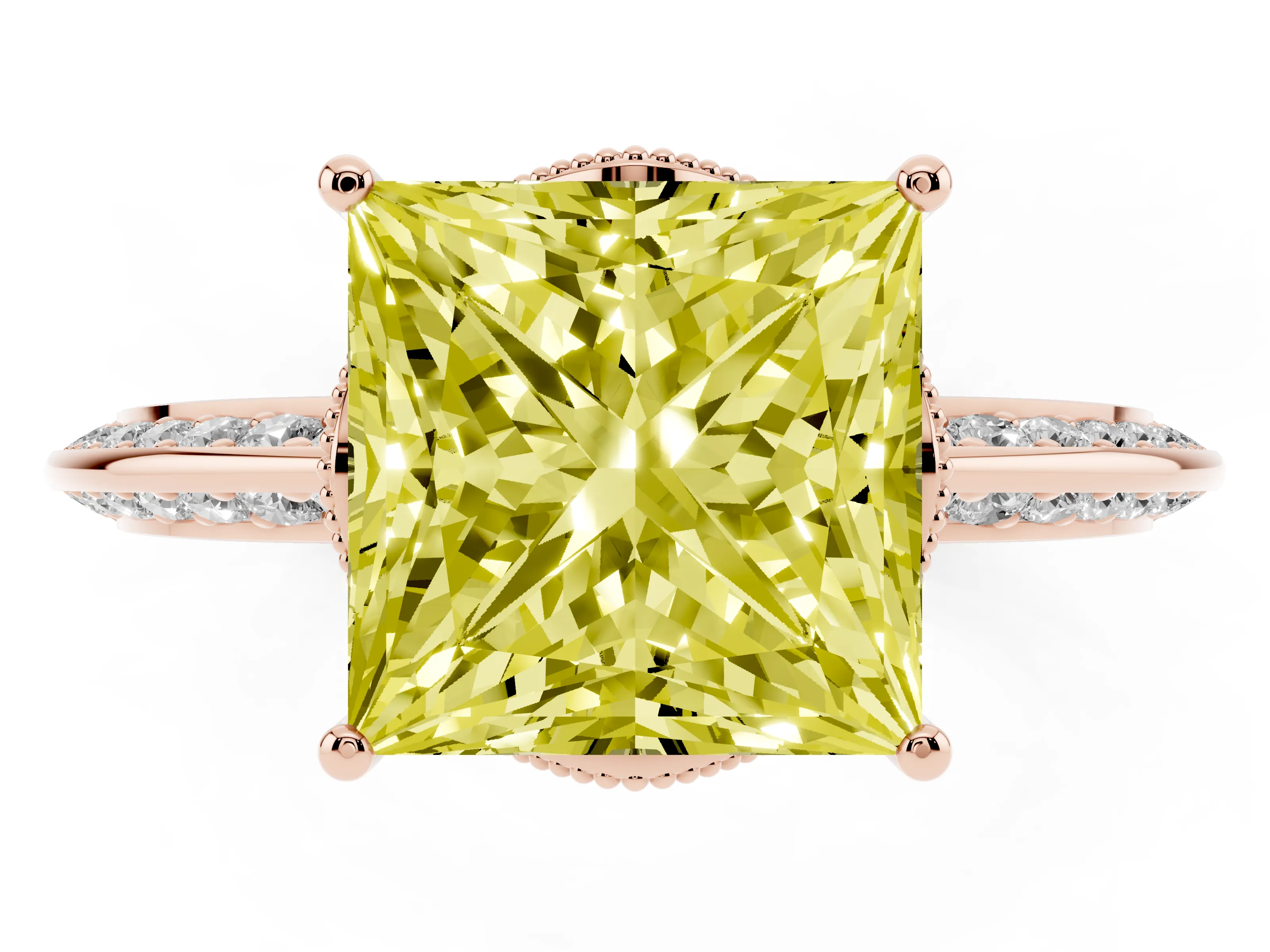 Fancy Yellow Princess Cut Diamond Solitaire Engagement Ring Set in Rose gold with Pavé Split Shank and Prong Setting