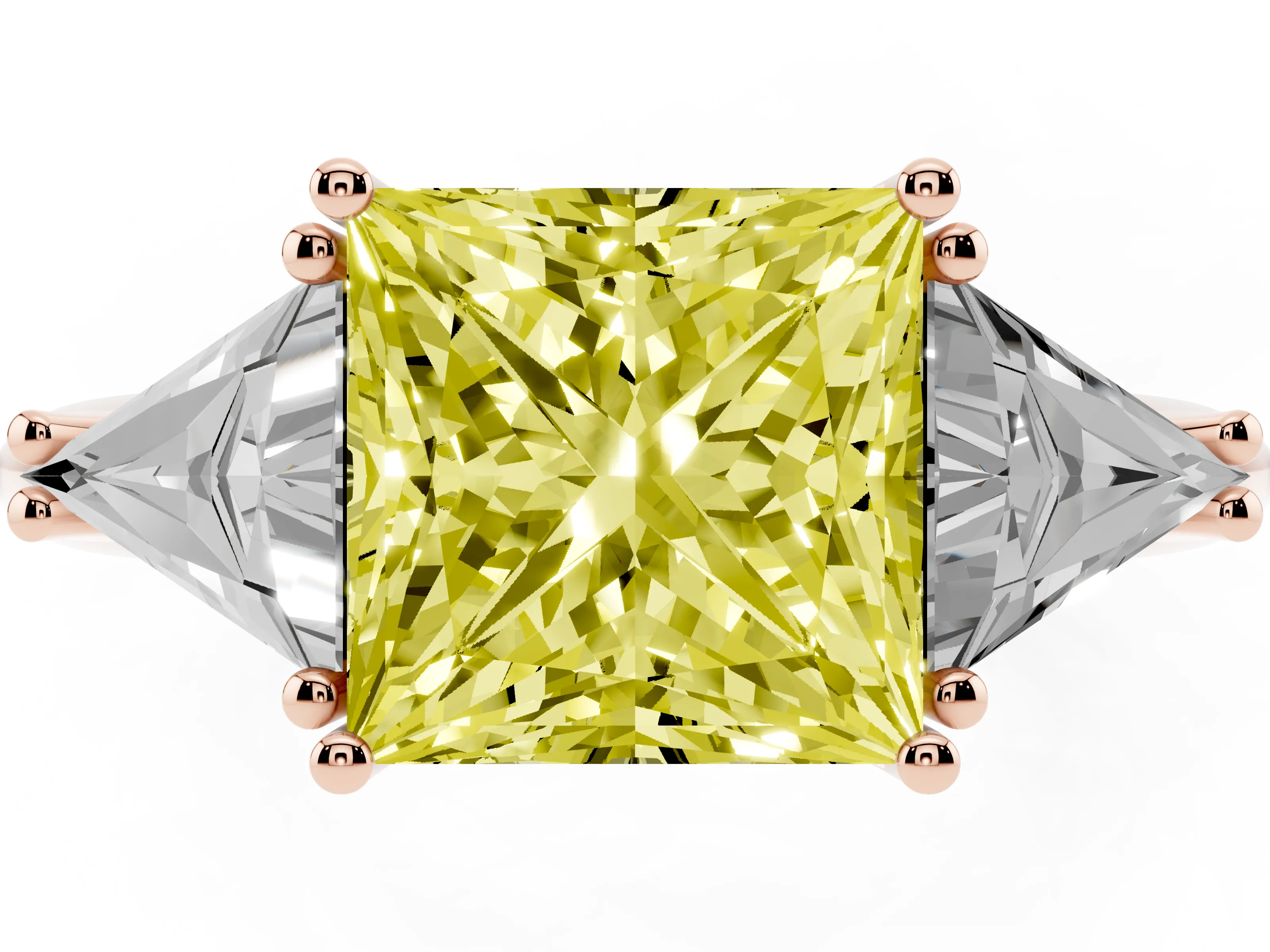 Fancy Yellow Princess Cut Diamond Three-Stone Engagement Ring Set in Rose gold with Trillion Side Stones