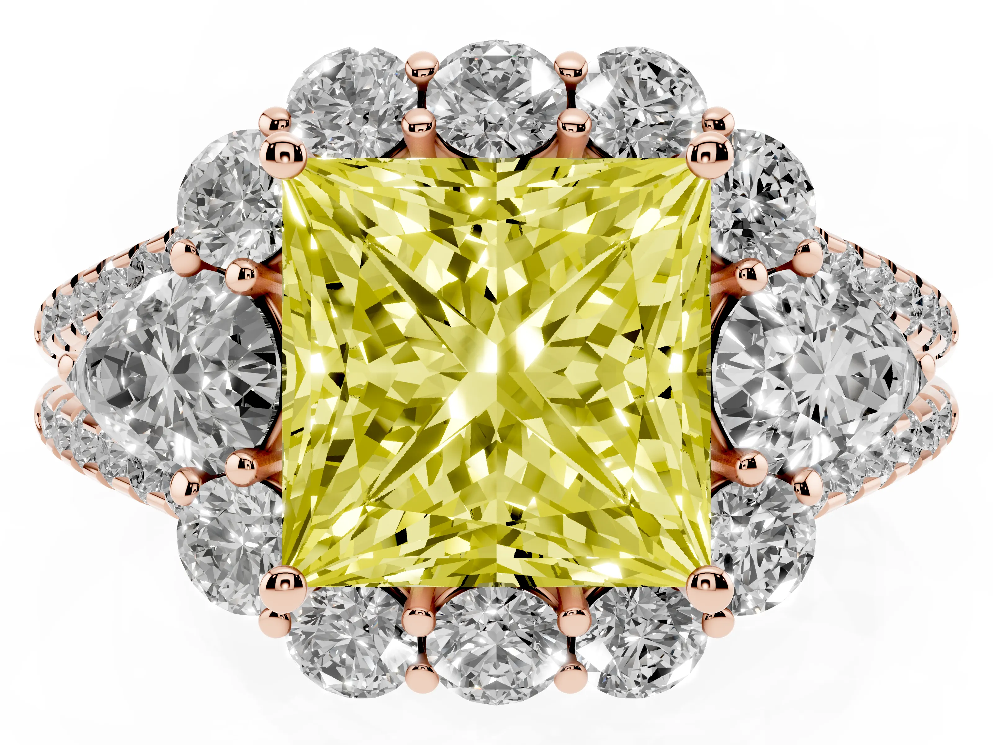 Fancy Yellow Princess Cut Diamond Halo Split Shank Engagement Ring Set in Rose gold with Prong-Held Center Stone
