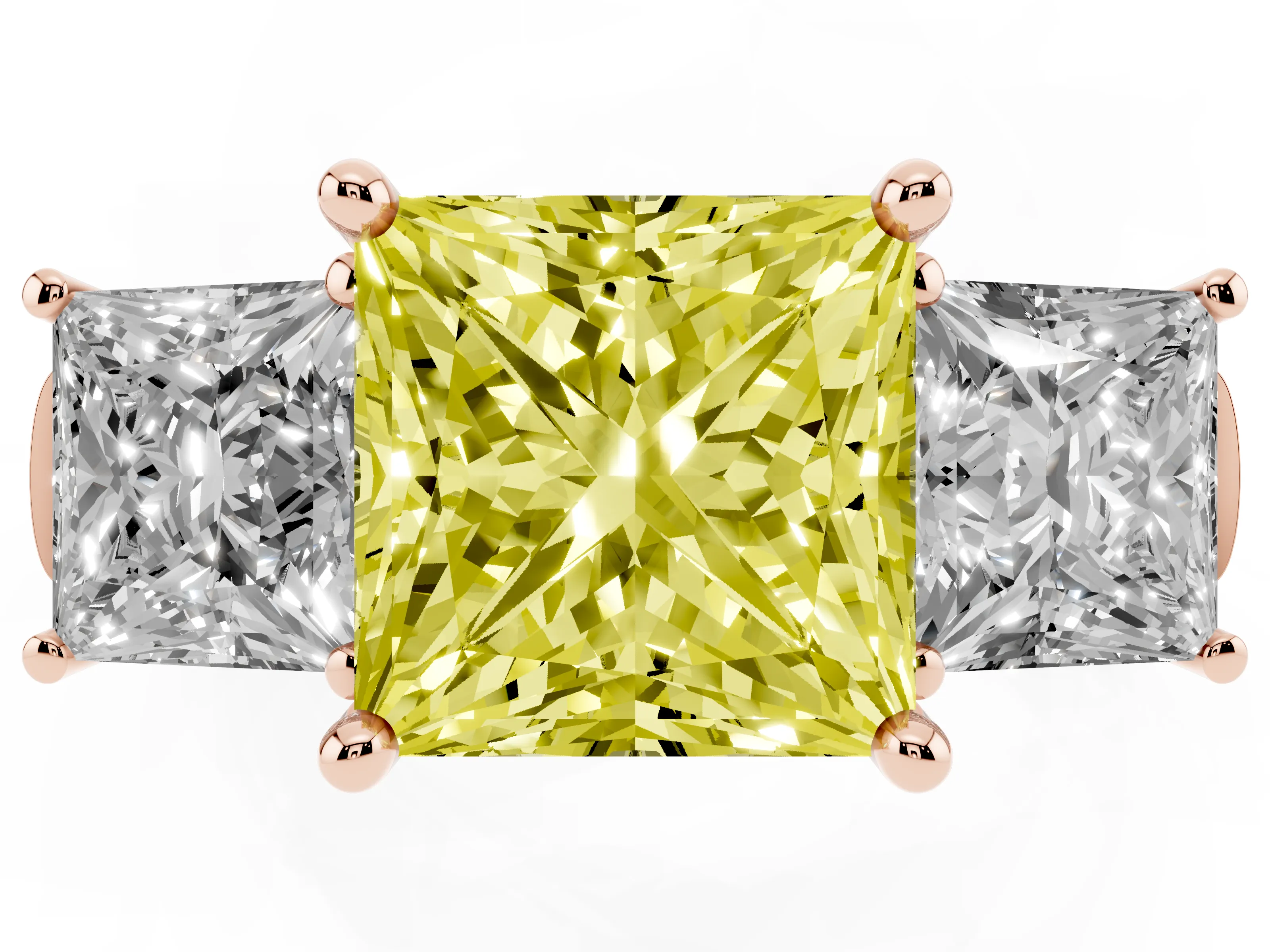 Fancy Yellow Princess Cut Diamond Three-Stone Trellis Ring Set in Rose gold with Comfort Fit Band