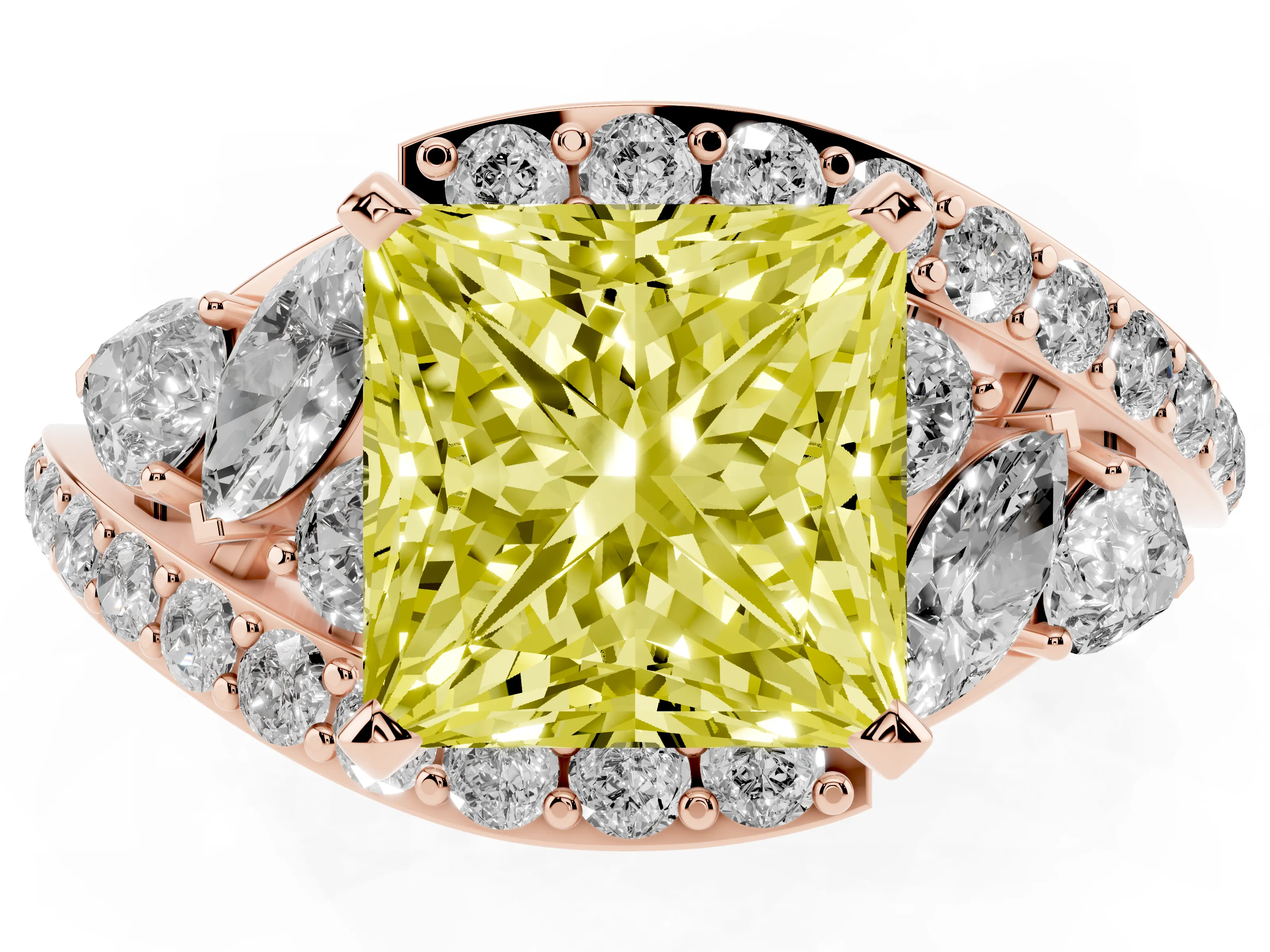 Fancy Yellow Princess Cut Diamond Halo Ring Set in Rose gold with Marquise and Pavé Band in Prong Setting
