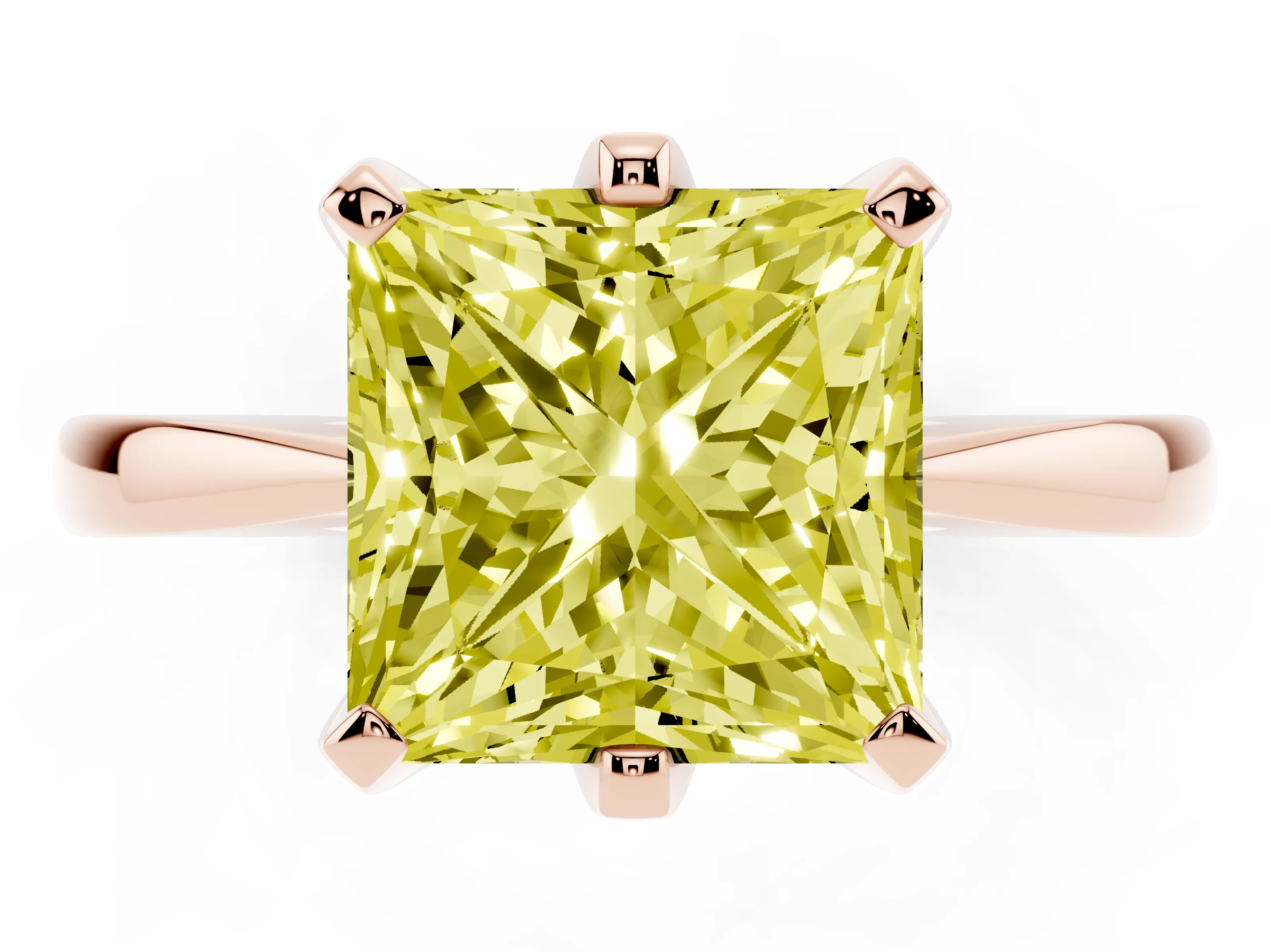 Fancy Yellow Princess Cut Diamond Solitaire Engagement Ring Set in Rose gold with Slim Tapered Solitaire Band