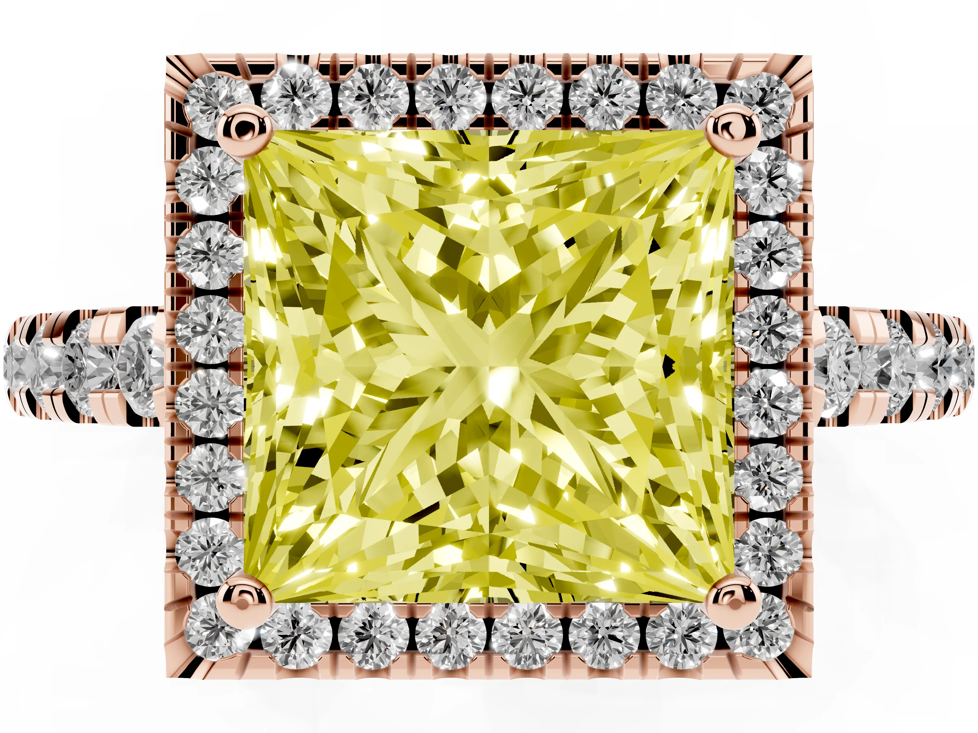 Fancy Yellow Princess Cut Diamond Halo Ring Set in Rose gold with Delicate Pavé Band and Prong Setting