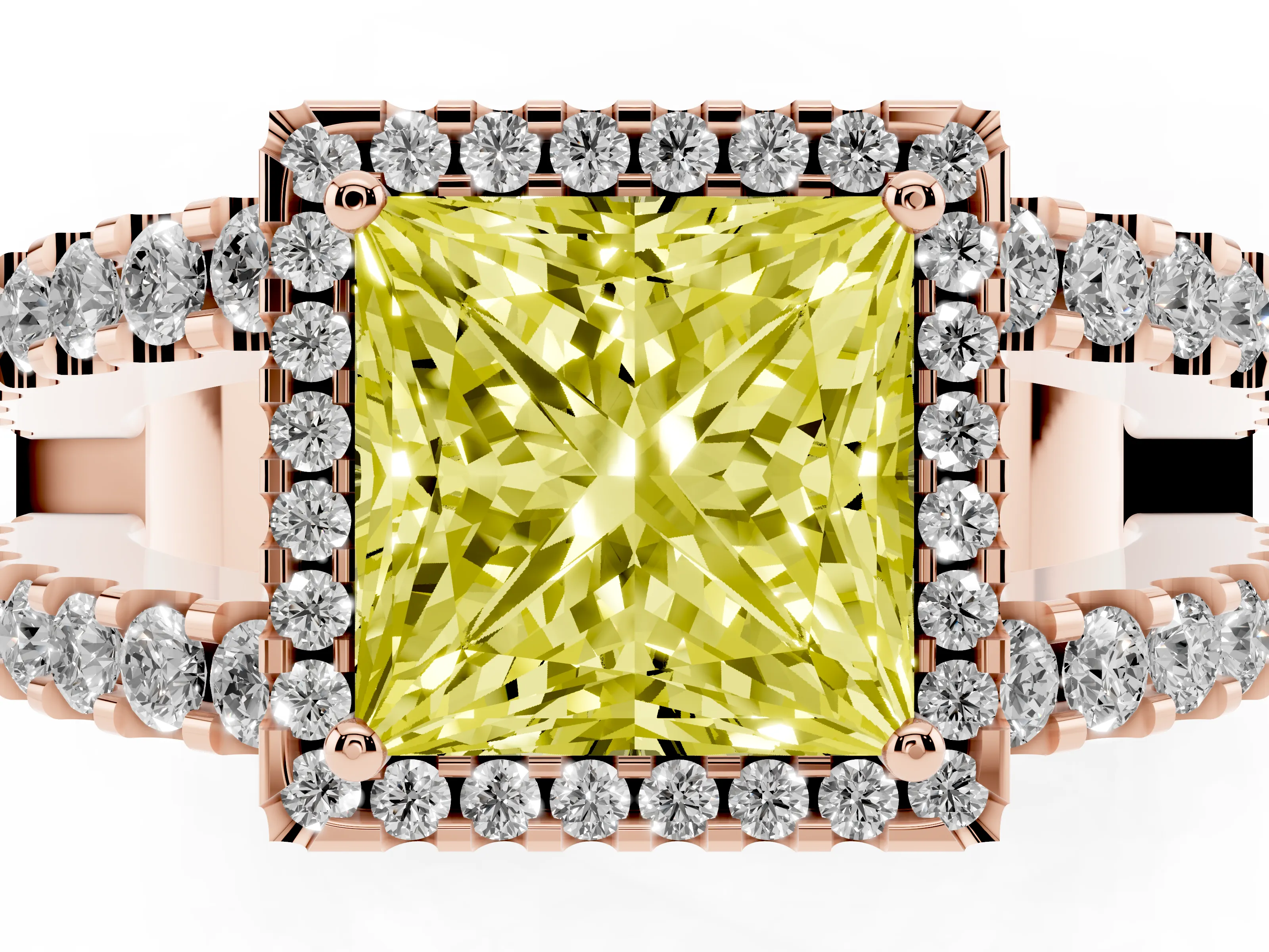 Fancy Yellow Princess Cut Diamond Halo Ring Set in Rose gold with Pavé Split Shank and Prong Setting