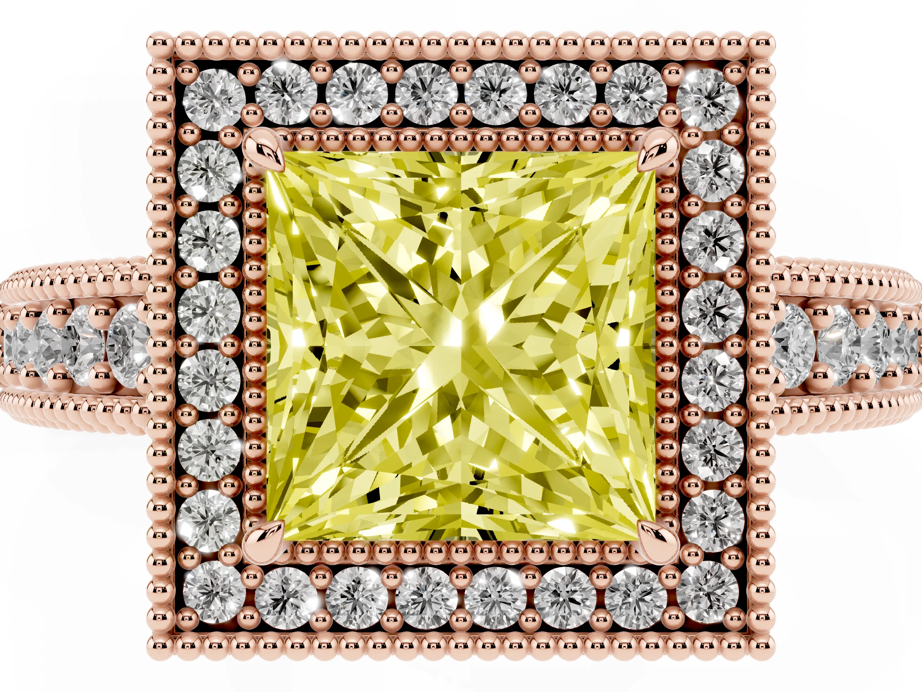 Fancy Yellow Princess Cut Diamond Halo Ring Set in Rose gold with Round Accent Halo, Pavé Band and Prong Setting