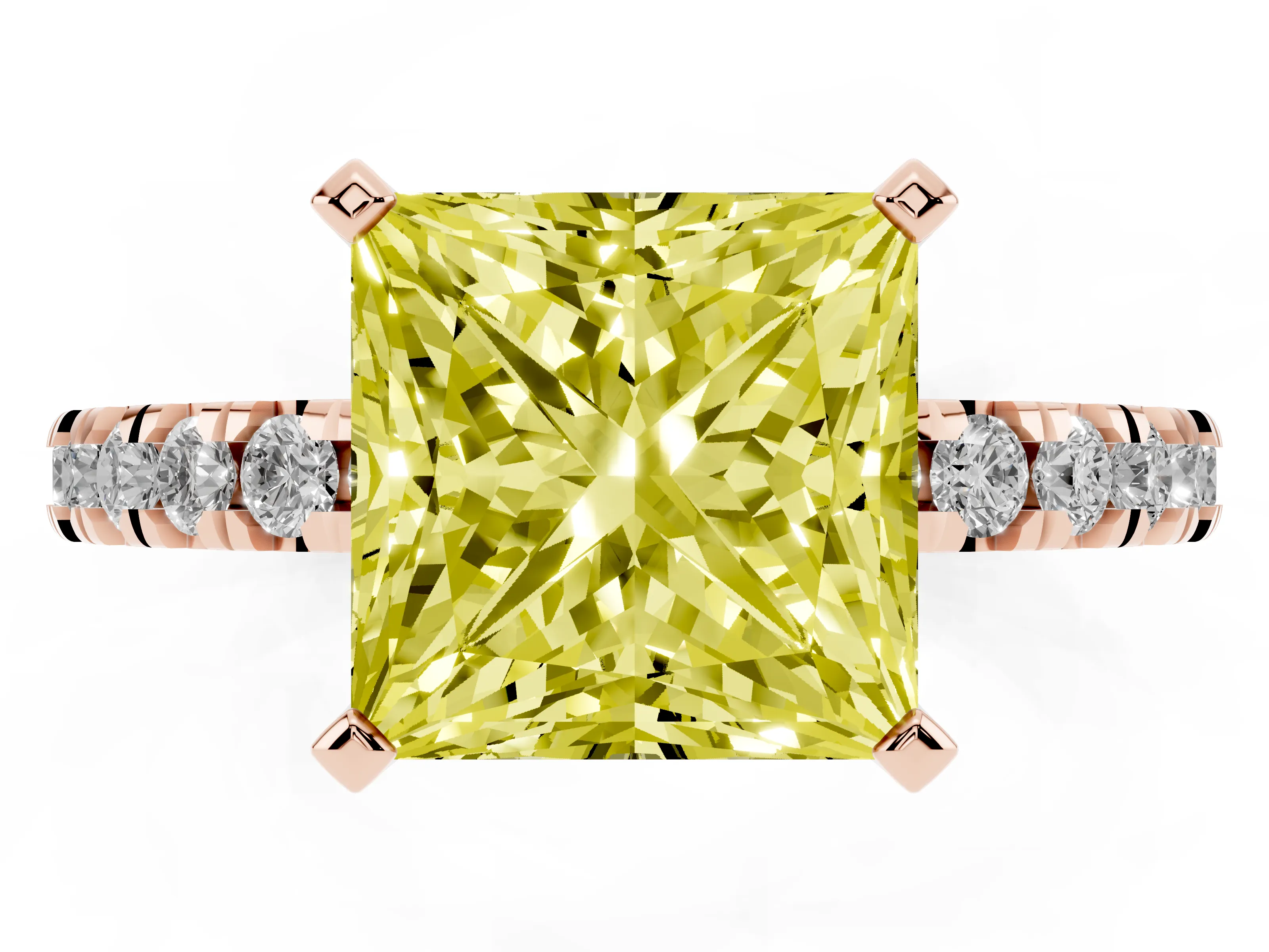 Fancy Yellow Princess Cut Diamond Pavé Band Solitaire Set in Rose gold with Prong Setting