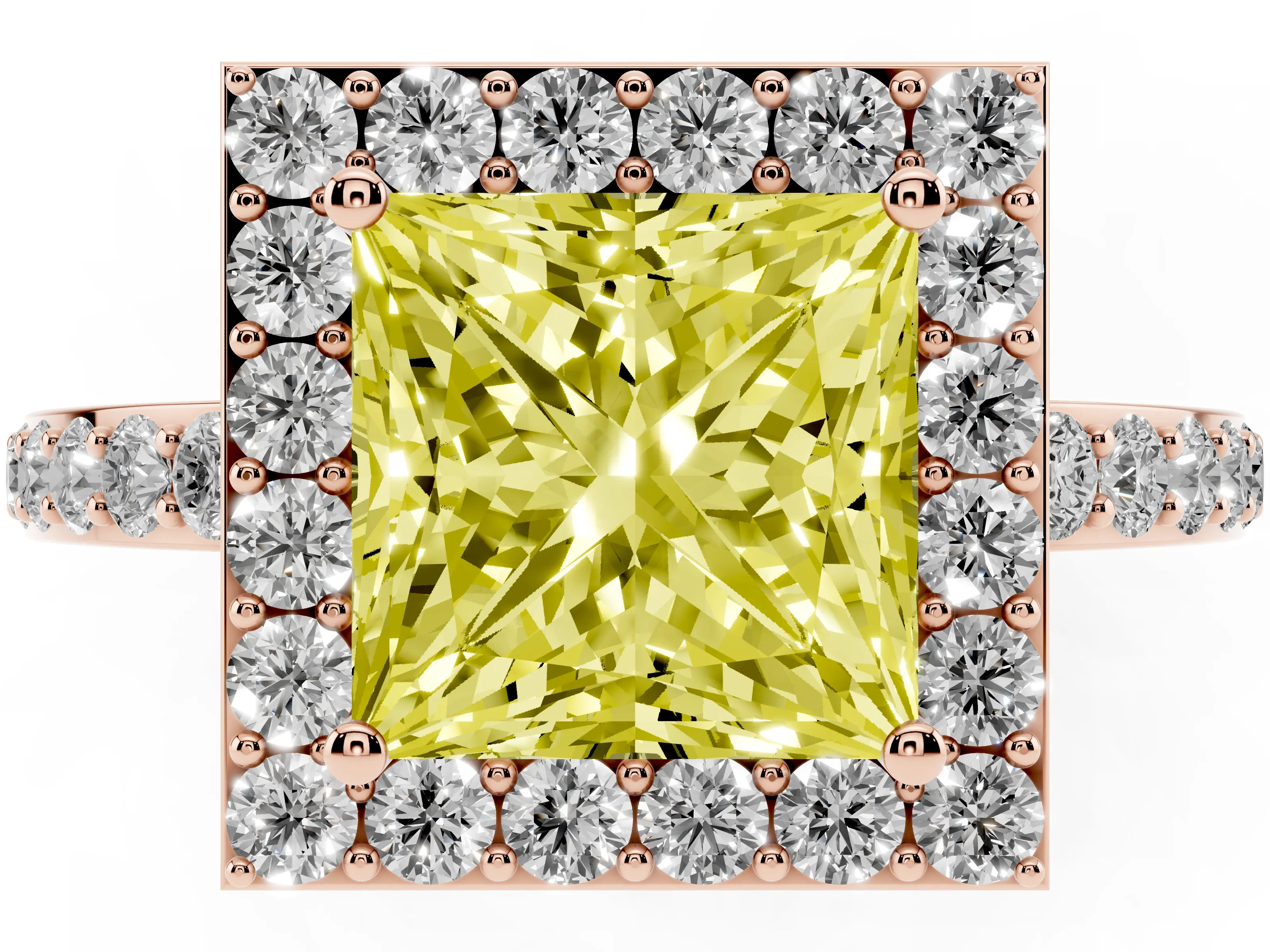 Fancy Yellow Princess Cut Diamond Halo Ring Set in Rose gold with Pavé-Setting Band and Open Prong Center