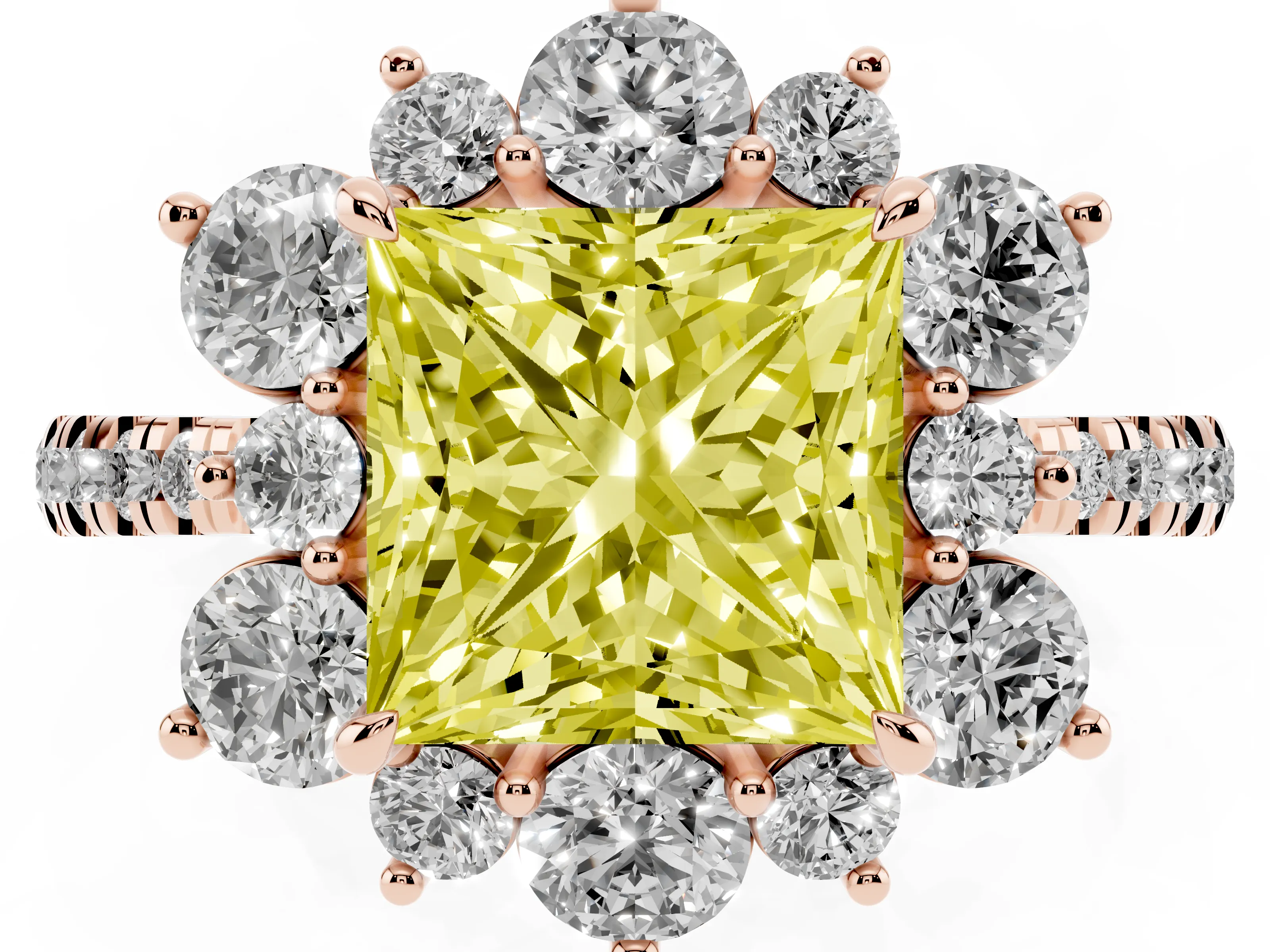 Fancy Yellow Princess Cut Diamond Floral Halo Ring Set in Rose gold with Round Pavé Band and Prong Setting