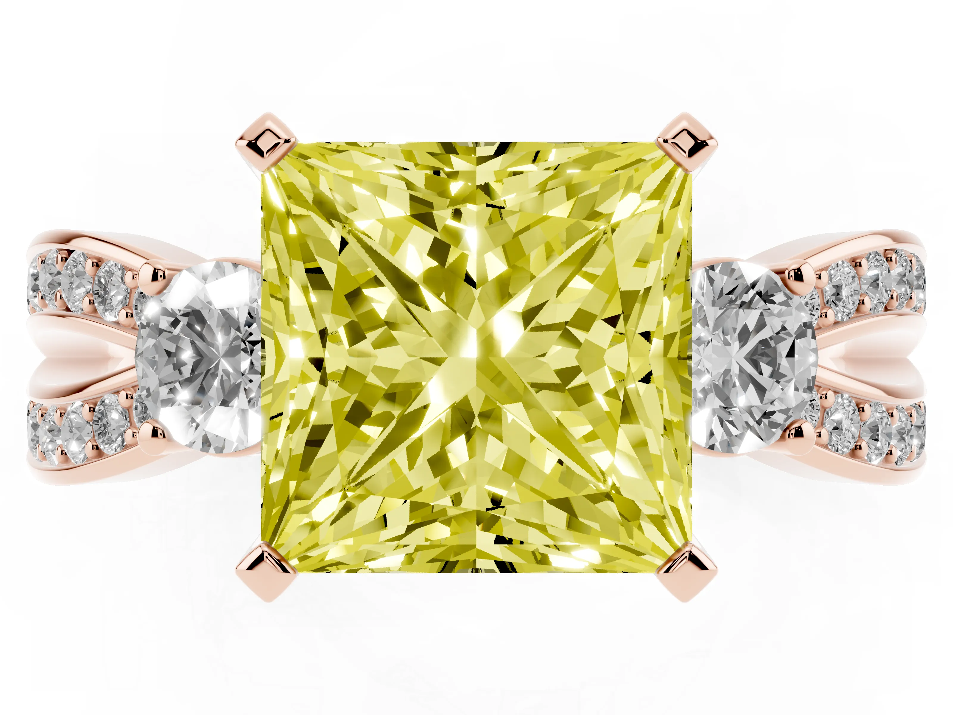 Fancy Yellow Three-Stone Princess Cut Diamond Twist Band Ring Set in Rose gold with Pavé Accents and Prong Setting