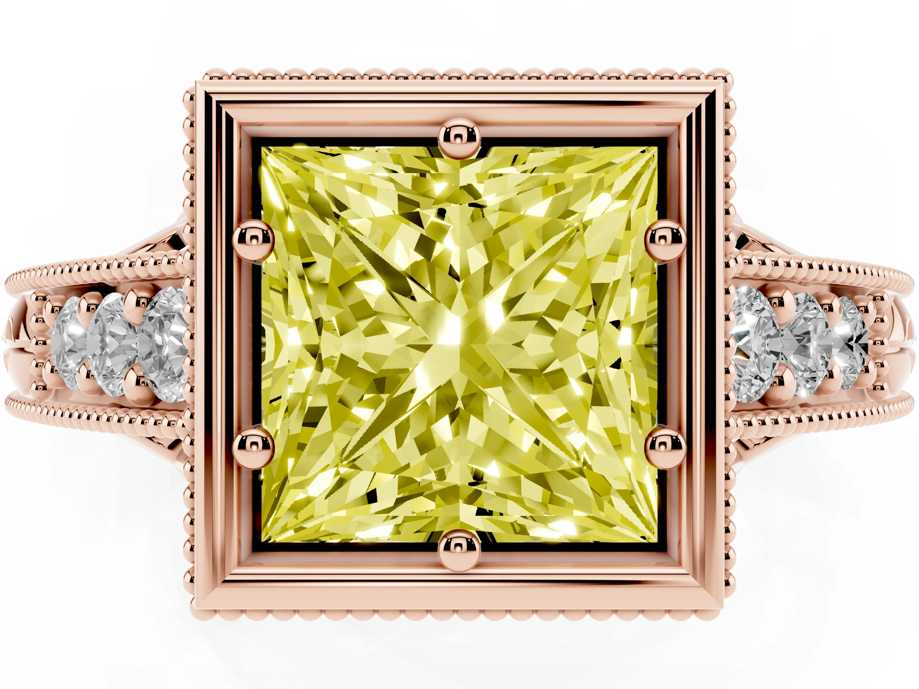 Fancy Yellow Bezel Set Princess Cut Diamond Milgrain Pavé Engagement Ring Set in Rose gold