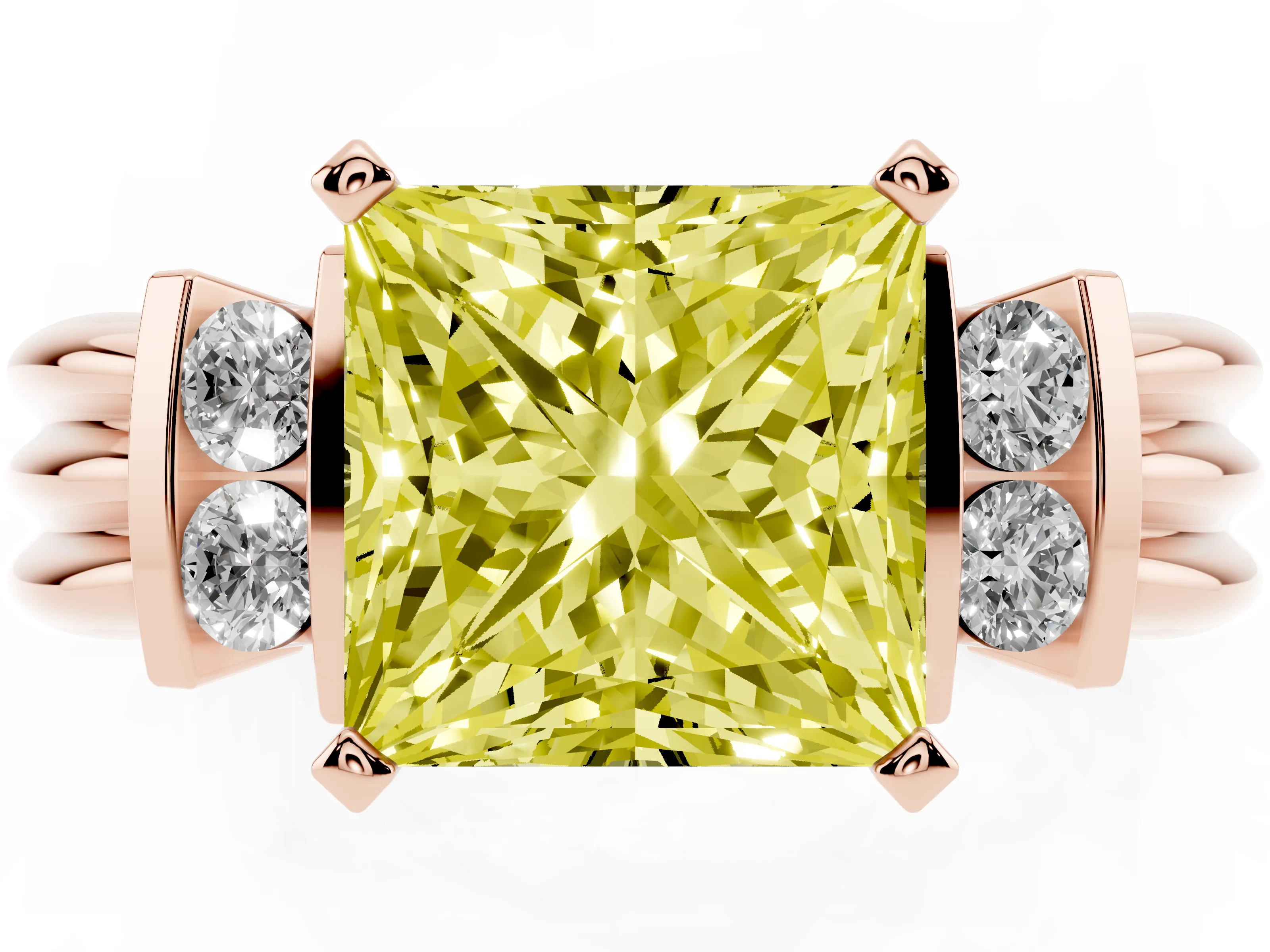 Fancy Yellow Three-Stone Princess Cut Diamond Channel Set Ring Set in Rose gold with Bar Prongs