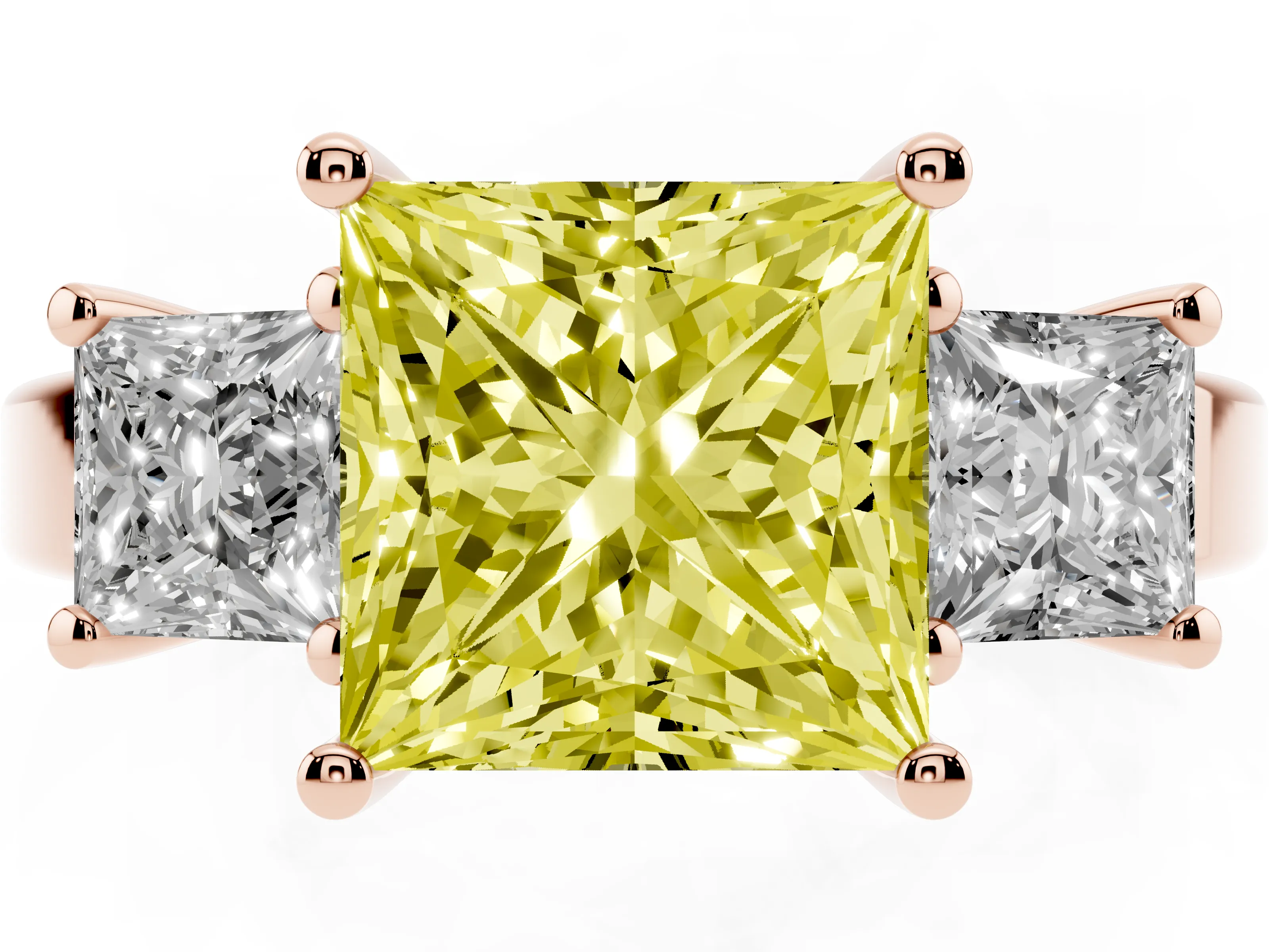 Fancy Yellow Three-Stone Princess Cut Diamond Solitaire Ring Set in Rose gold with Prong Setting