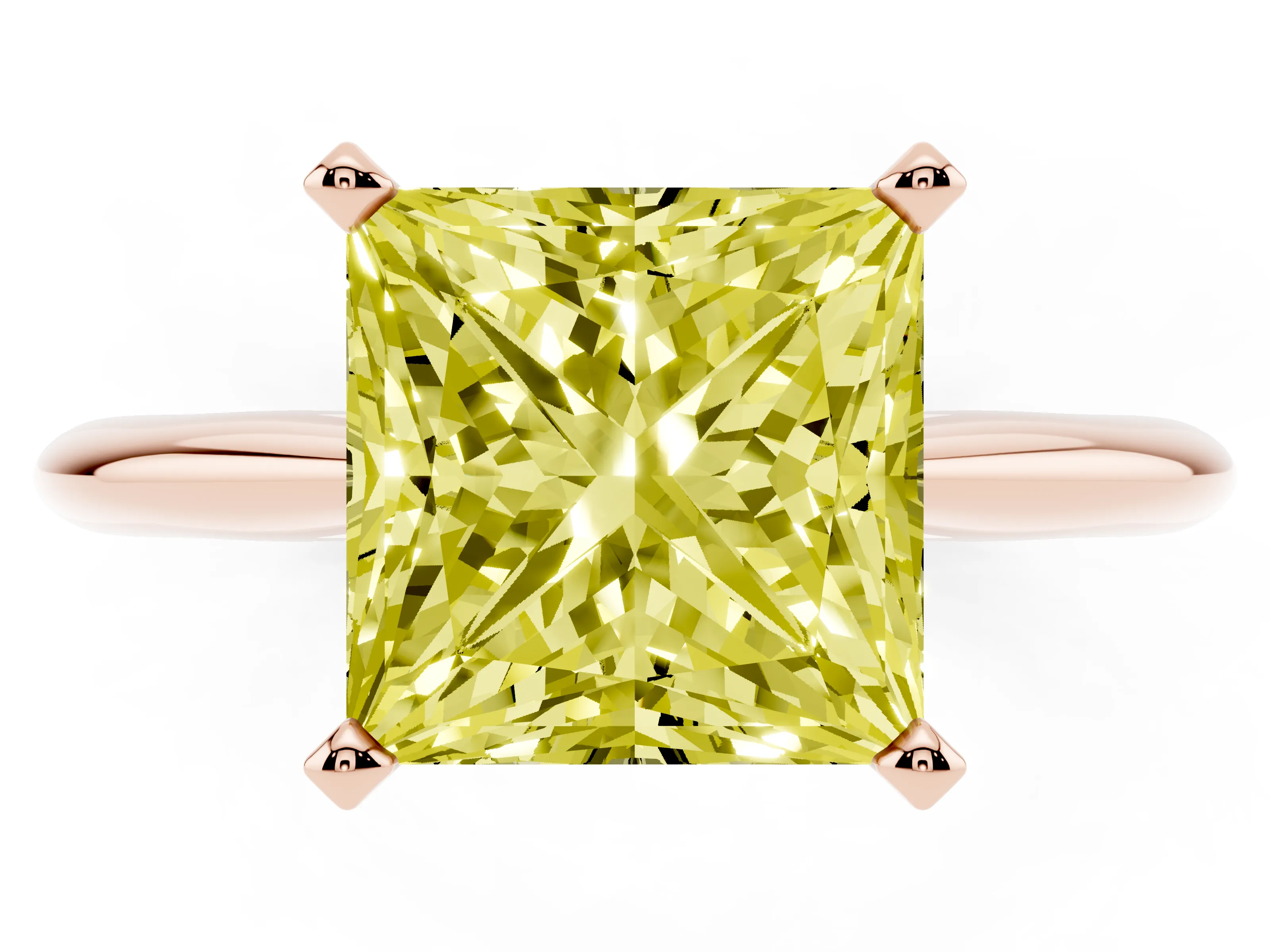 Fancy Yellow Princess Cut Diamond Solitaire Ring Set in Rose gold with Prong Setting on a Plain Round Band