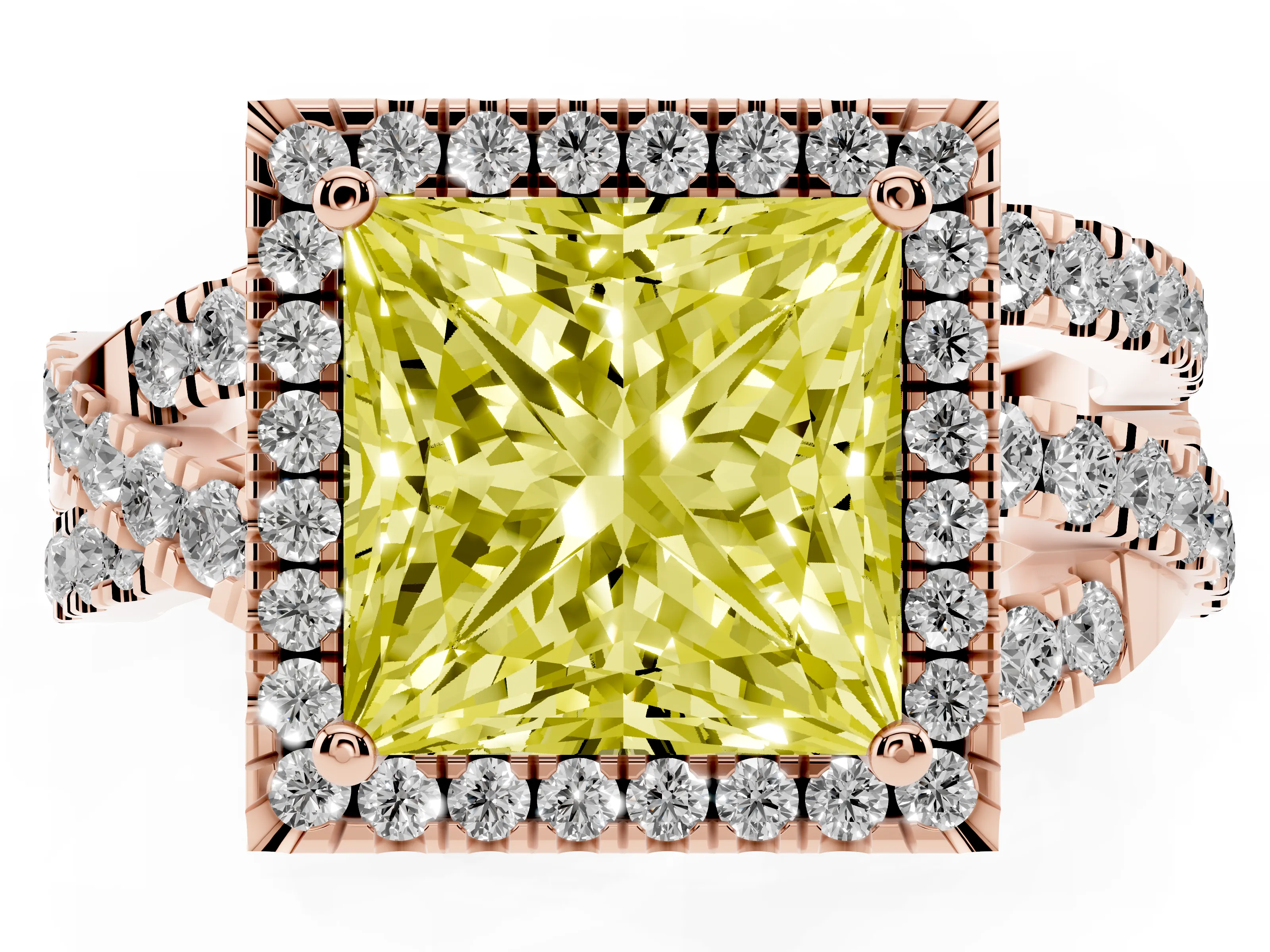 Fancy Yellow Princess Cut Diamond Halo Ring Set in Rose gold with Round Crossover Split Shank and Prong Setting