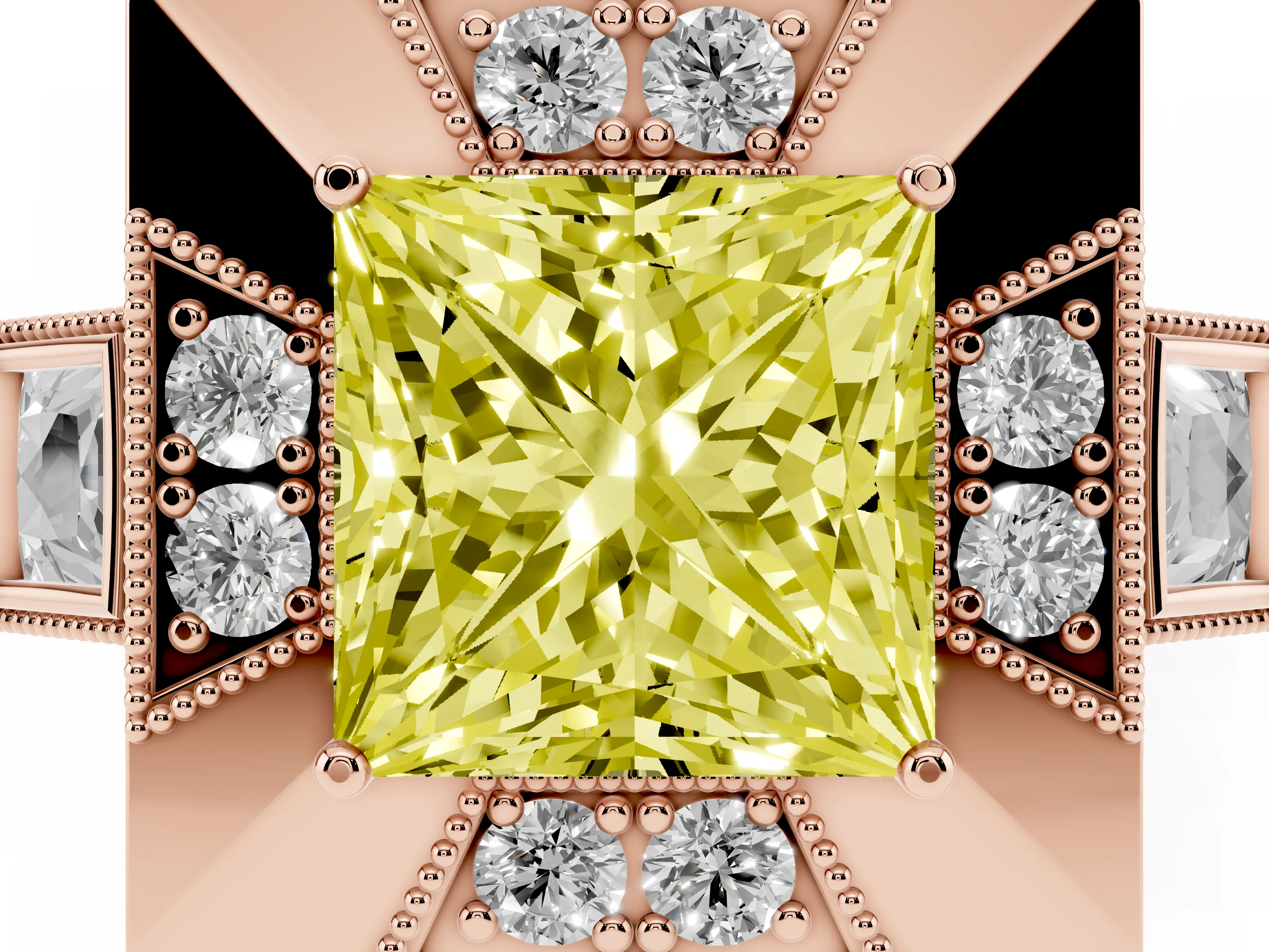 Fancy Yellow Princess Cut Diamond Milgrain Halo Ring Set in Rose gold with Split Shank