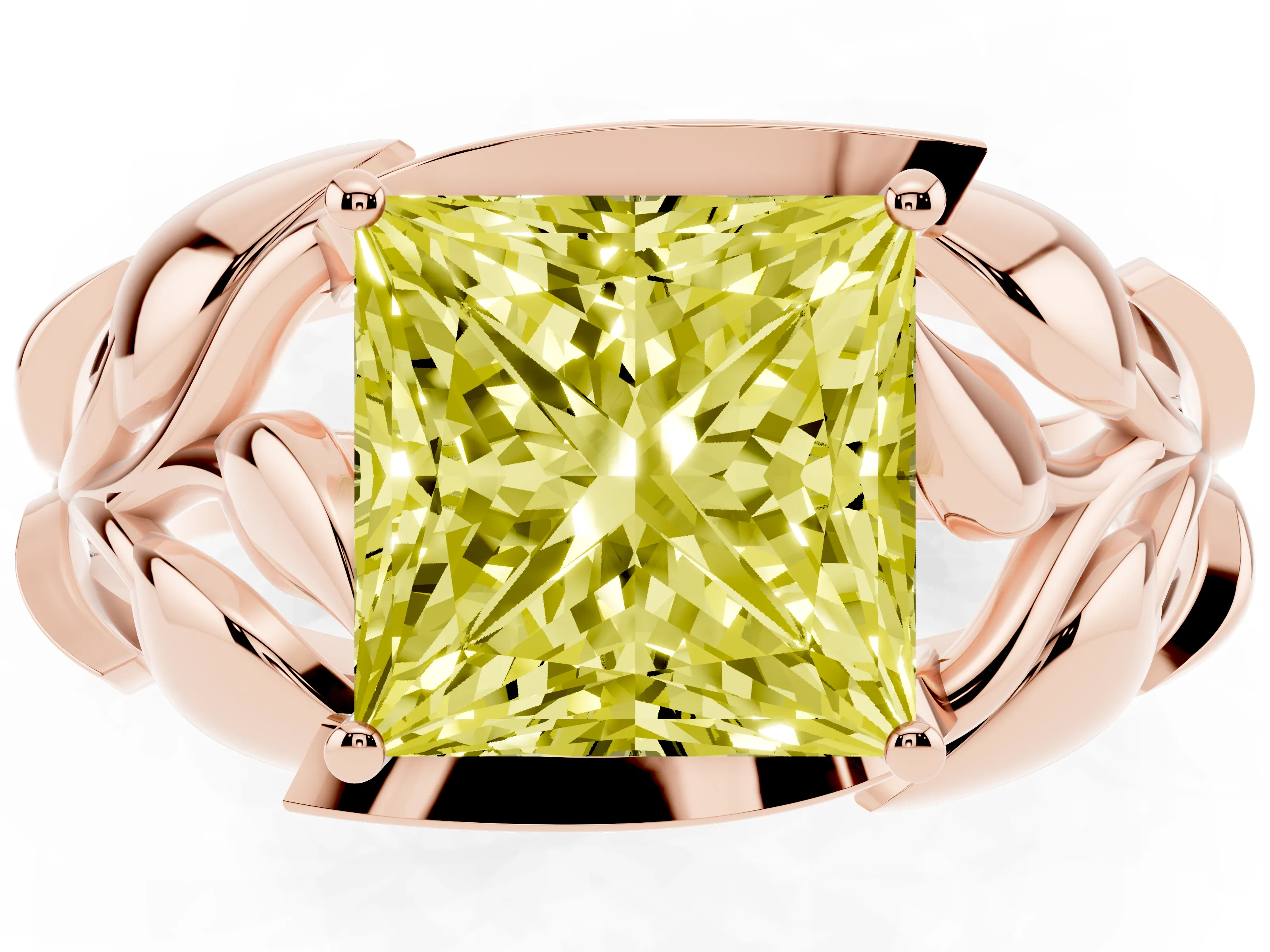 Fancy Yellow Princess Cut Diamond Leaf-Inspired Engagement Ring Set in Rose gold with Round Accents