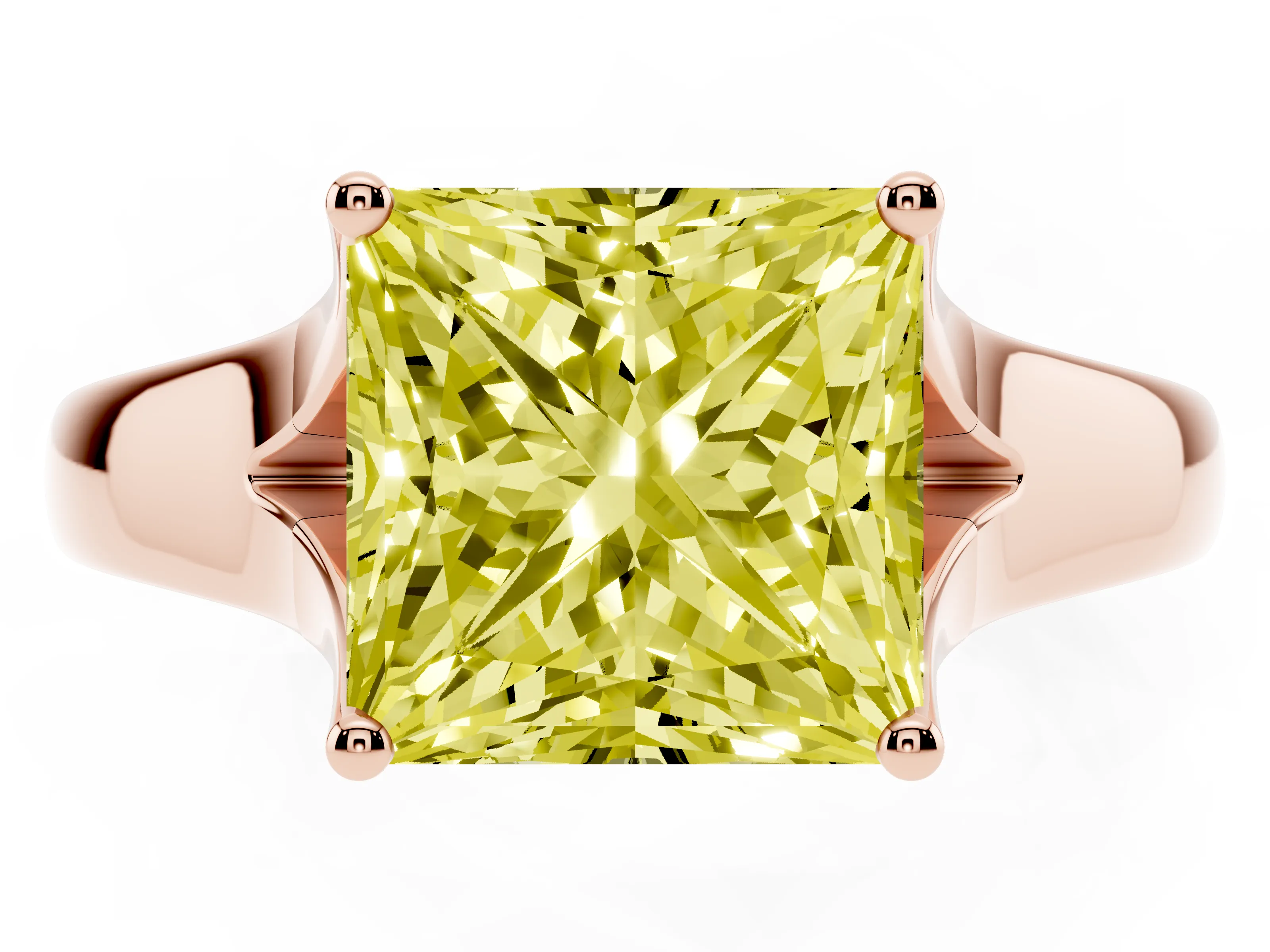 Fancy Yellow Princess Cut Diamond Solitaire Ring Set in Rose gold with Arched Cathedral Band and Prong Setting