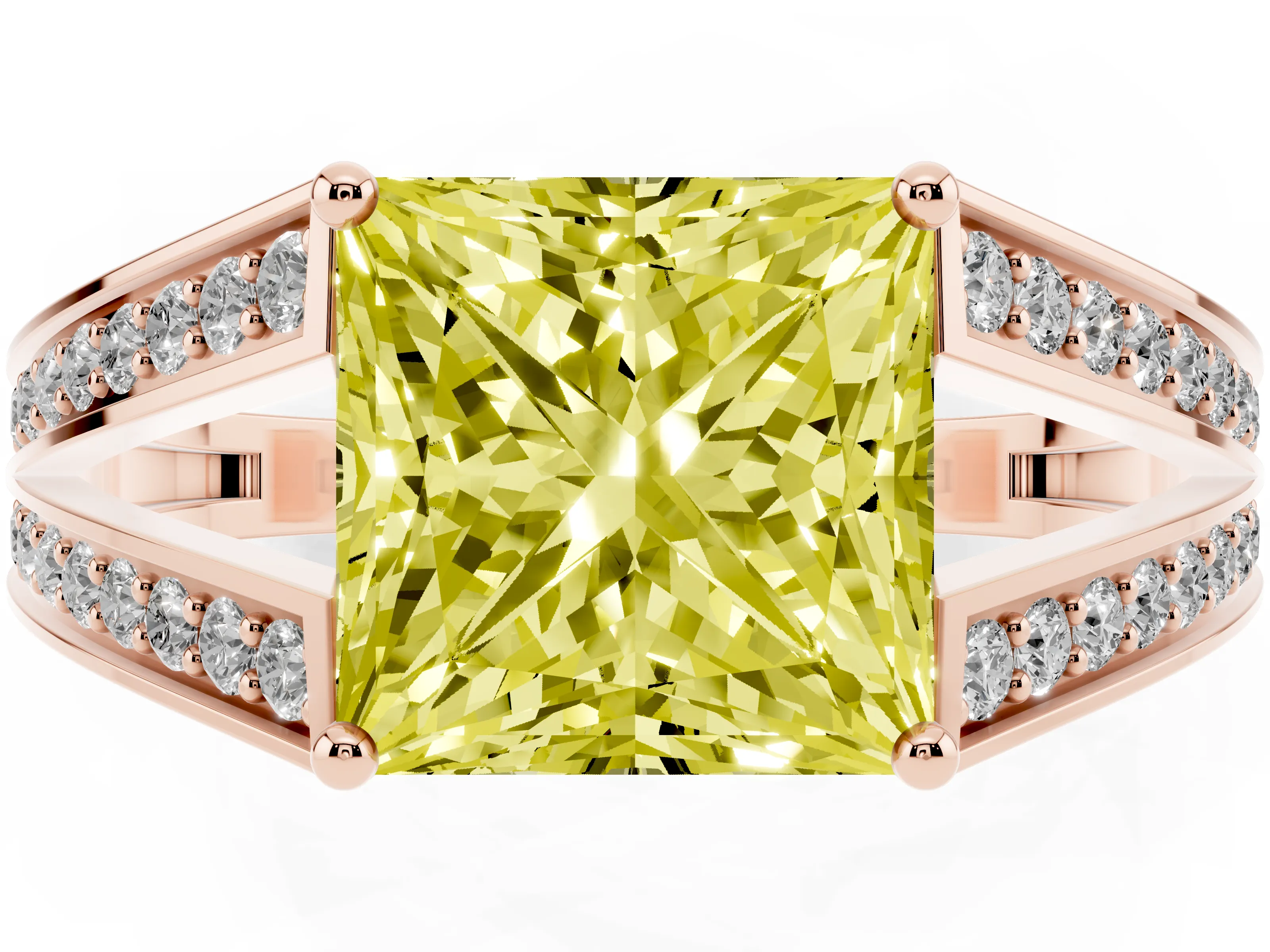 Fancy Yellow Princess Cut Diamond Split Shank Ring Set in Rose gold with Pavé Band and Prong Setting