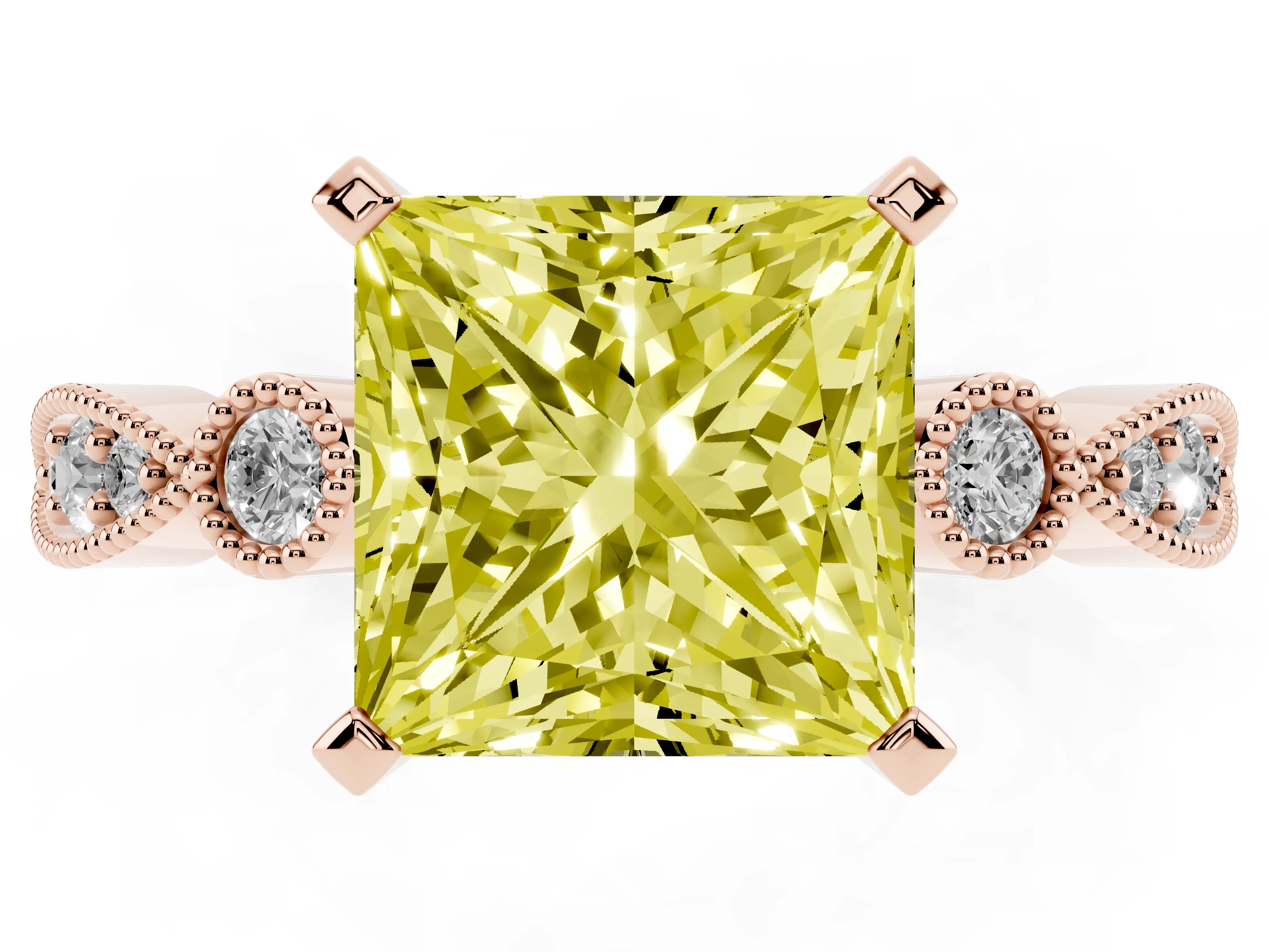 Fancy Yellow Princess Cut Diamond Solitaire Engagement Ring Set in Rose gold with Milgrain Bezel Accent Band
