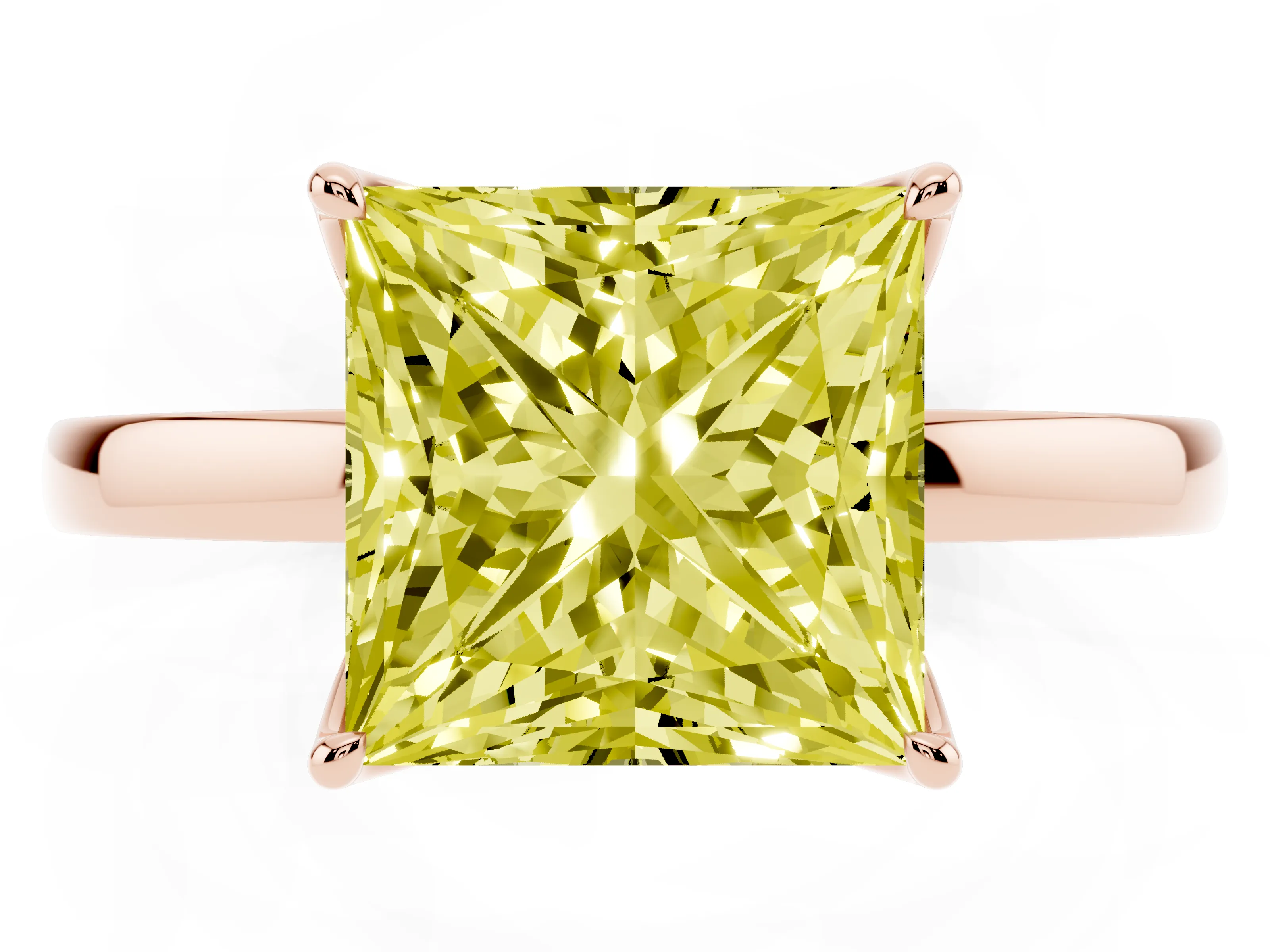 Fancy Yellow Princess Cut Diamond Solitaire Ring Set in Rose gold with Prong Setting and Thin Polished Band
