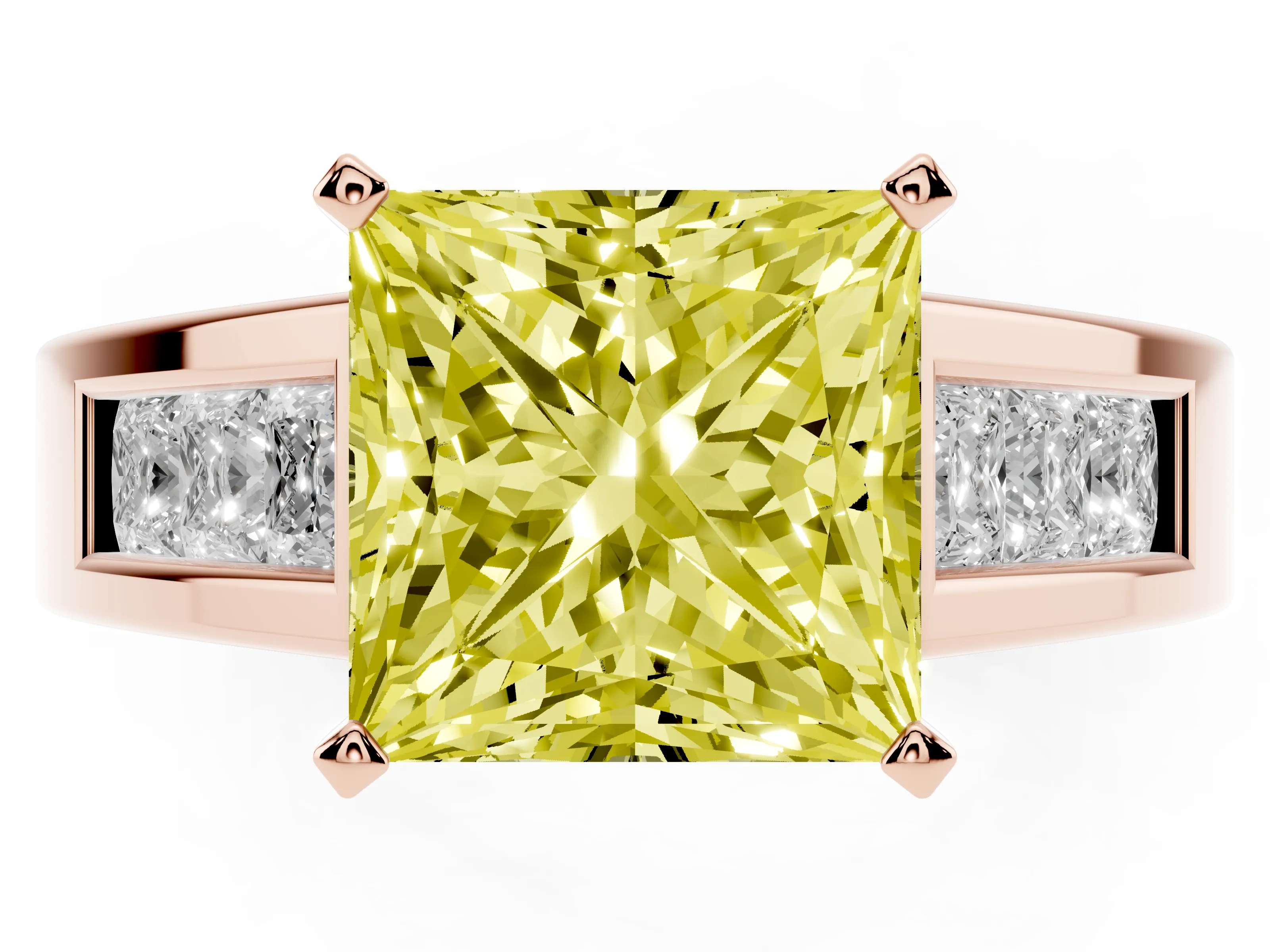 Fancy Yellow Princess Cut Diamond Solitaire Ring Set in Rose gold with Channel-Set Accent Stones and Prong Setting